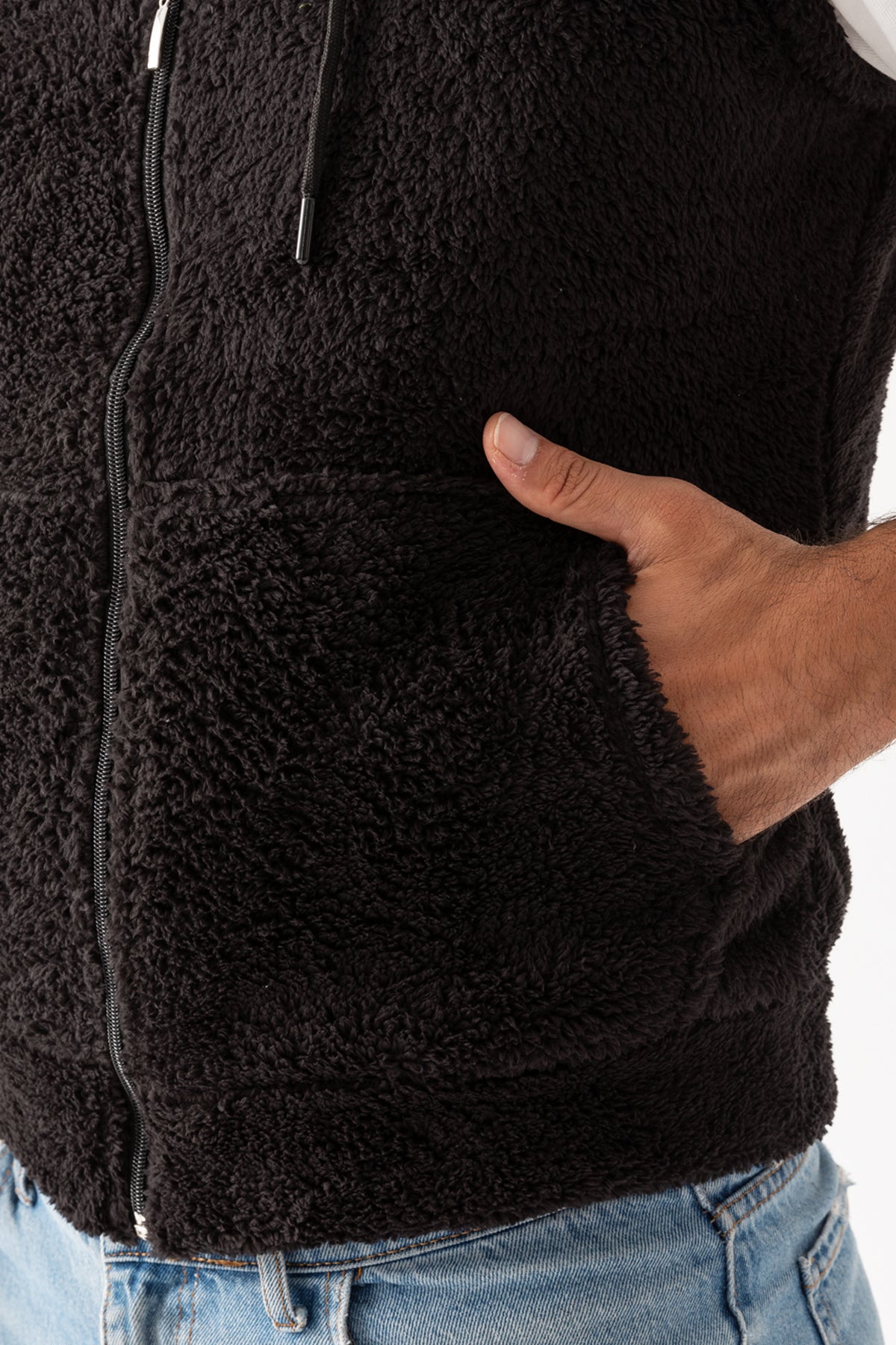 Erkek Siyah Dik Yaka Kolsuz Astarsız Fermuarlı Kapüşonlu Peluş Yelek