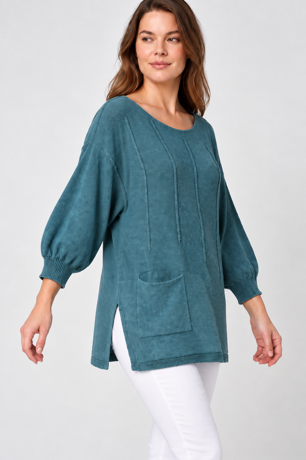 Kadın İtalyan Stil Yarasa Kol Yanı Yırtmaçlı Cep Detaylı Oversize Triko Bluz