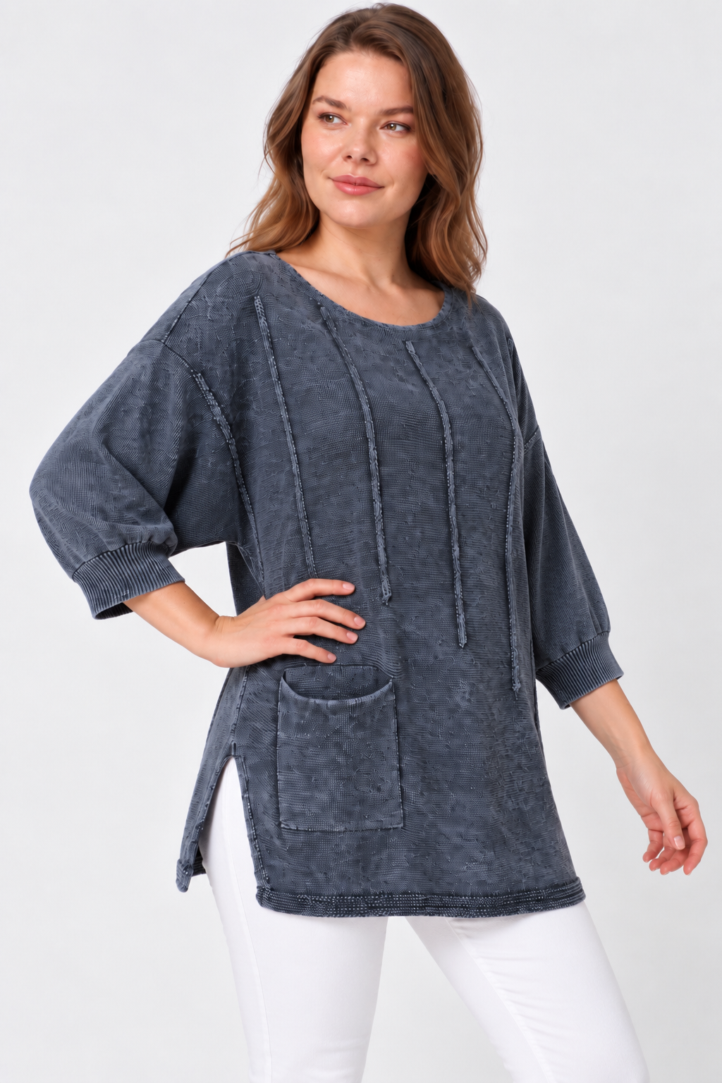 Kadın İtalyan Stil Yarasa Kol Yanı Yırtmaçlı Cep Detaylı Oversize Triko Bluz