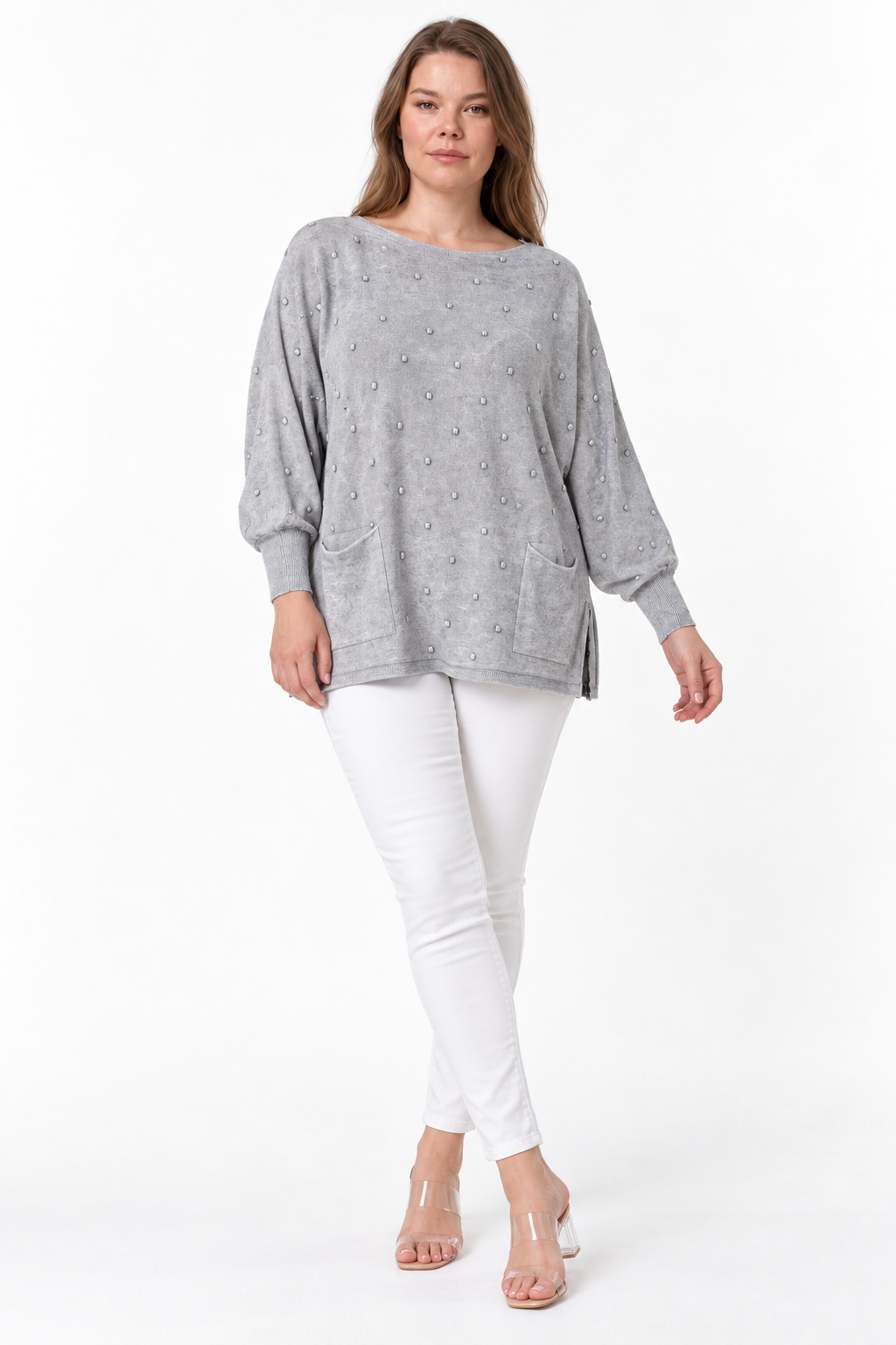 Kadın İtalyan Stil Yarasa Kol Yanı Yırtmaçlı Cep Detaylı Oversize Triko Bluz