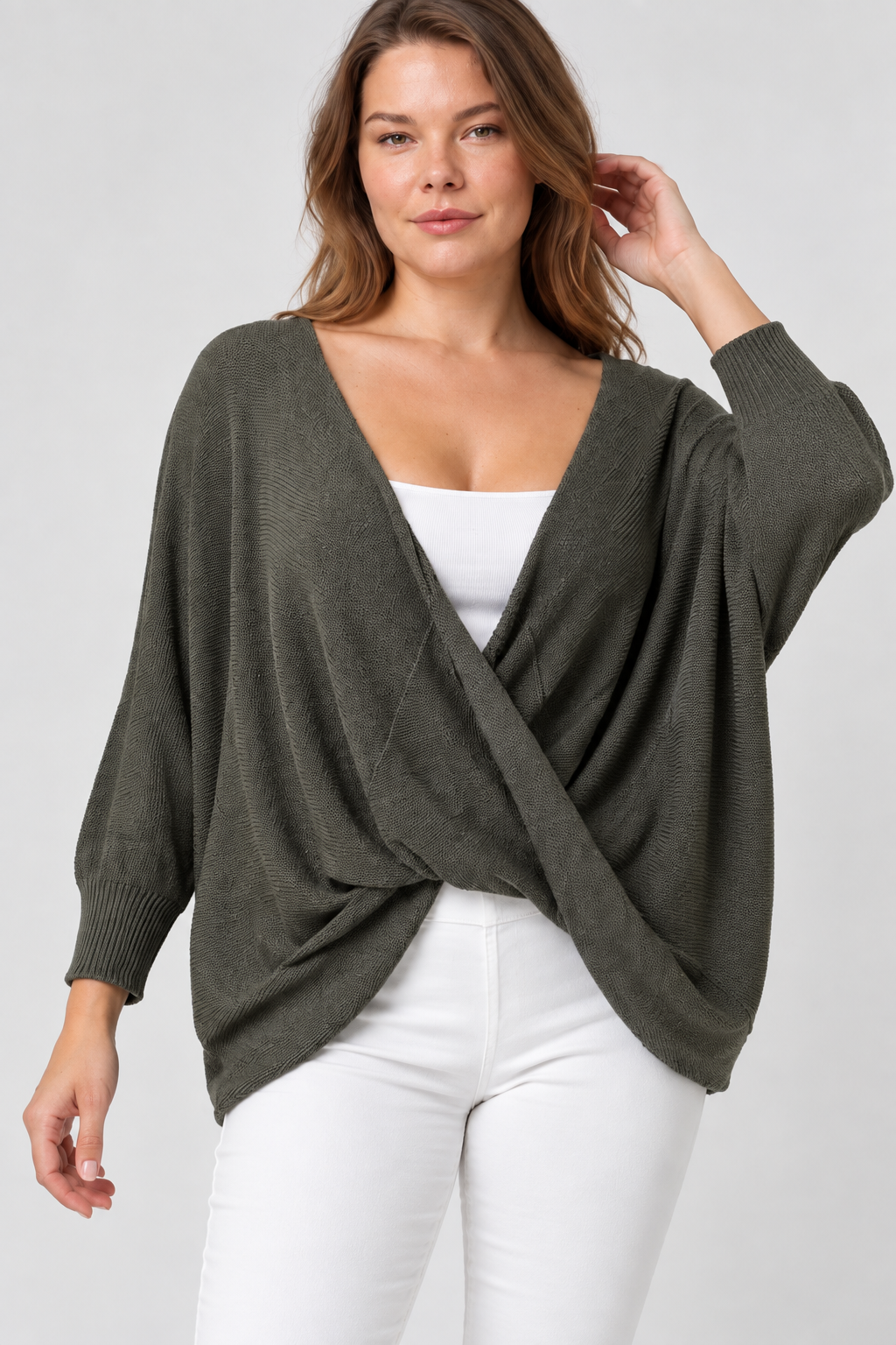 Kadın İtalyan Stil Yarasa Kol Sonsuz Yaka Oversize Merserize Triko Bluz