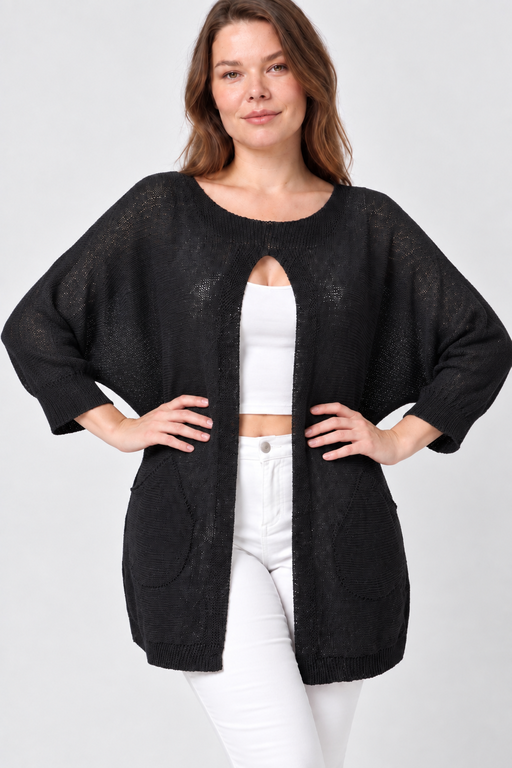 Kadın İtalyan Stil Yarasa Kol Önü Derin Yırtmaçlı Oversize Merserize Triko Tunik