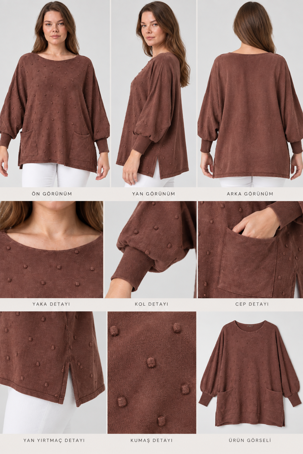 Kadın İtalyan Stil Yarasa Kol Yanı Yırtmaçlı Cep Detaylı Oversize Triko Bluz