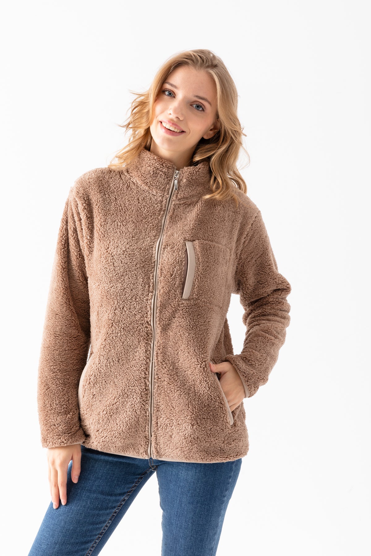 Kadın Açık Kahve Dik Yaka Fermuar Kapamalı Peluş Ceket