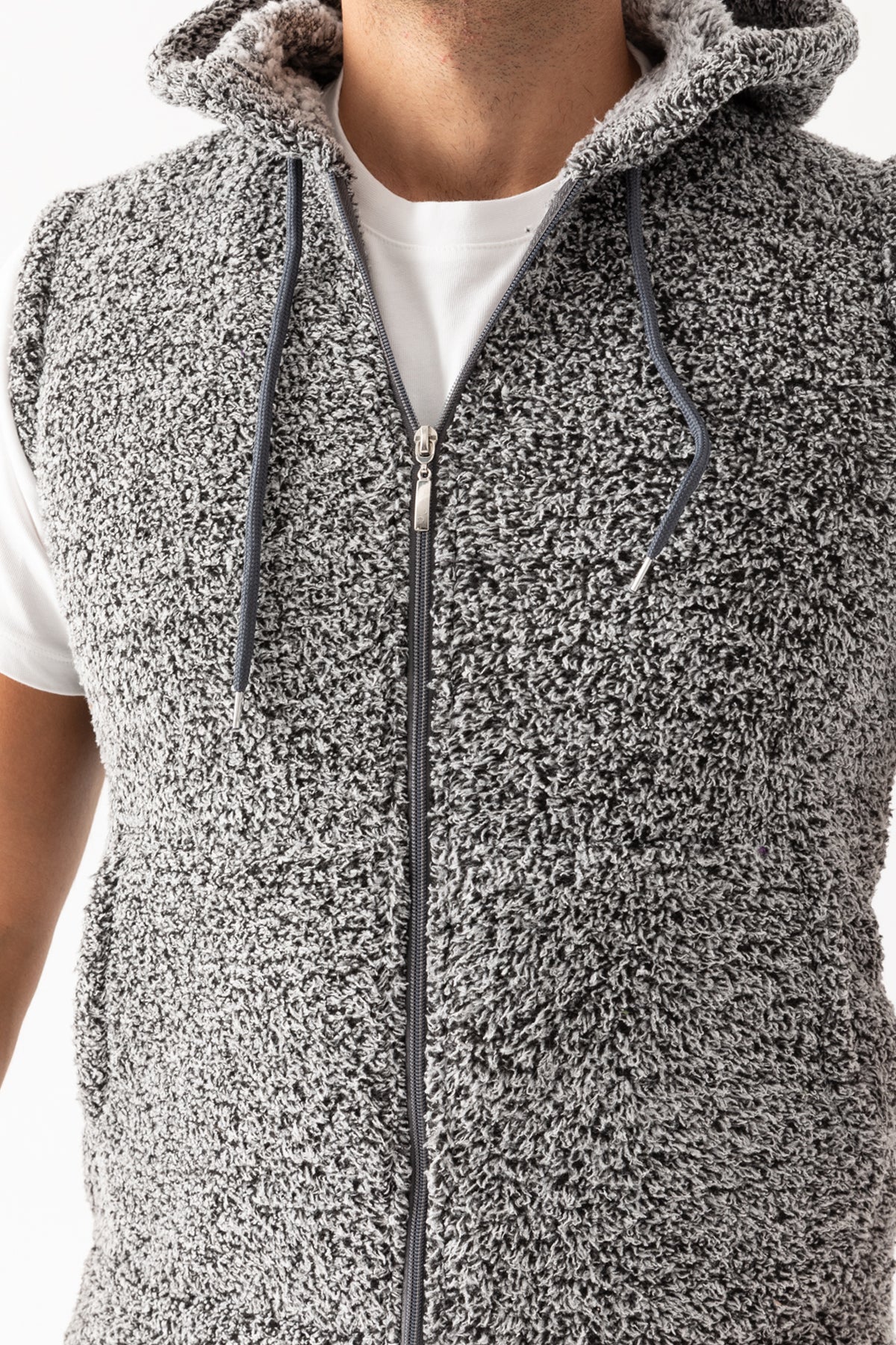 Erkek Gri Dik Yaka Kolsuz Astarsız Fermuarlı Kapüşonlu Peluş Yelek