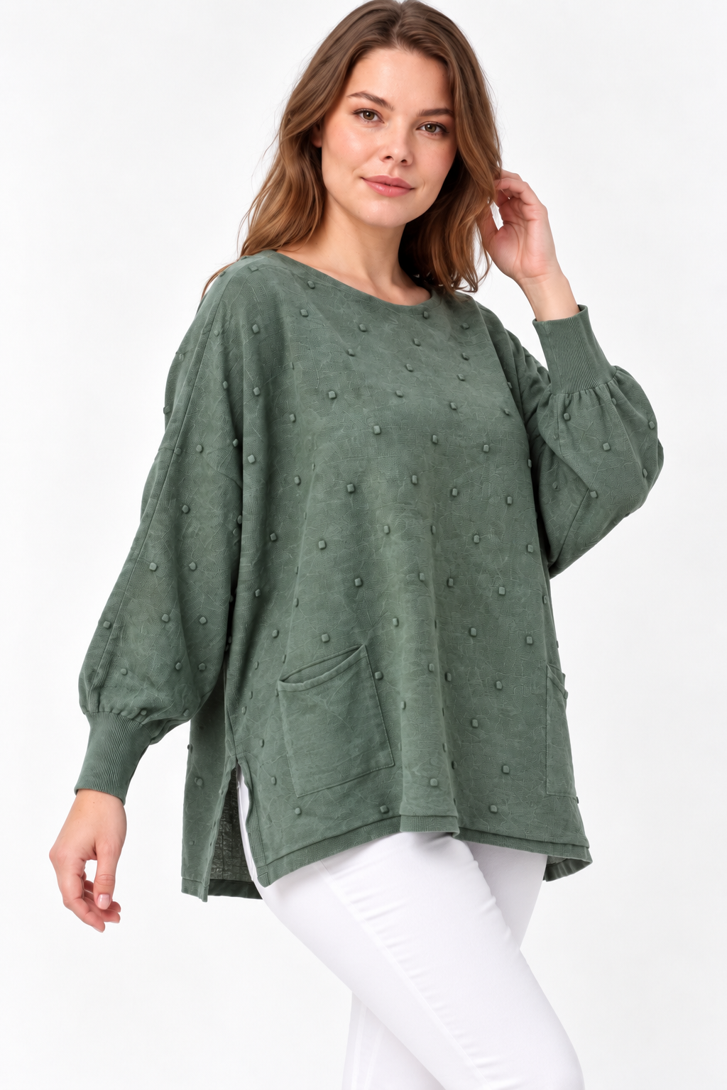 Kadın İtalyan Stil Yarasa Kol Yanı Yırtmaçlı Cep Detaylı Oversize Triko Bluz