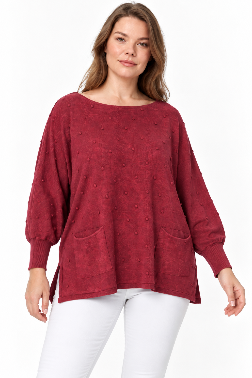 Kadın İtalyan Stil Yarasa Kol Yanı Yırtmaçlı Cep Detaylı Oversize Triko Bluz