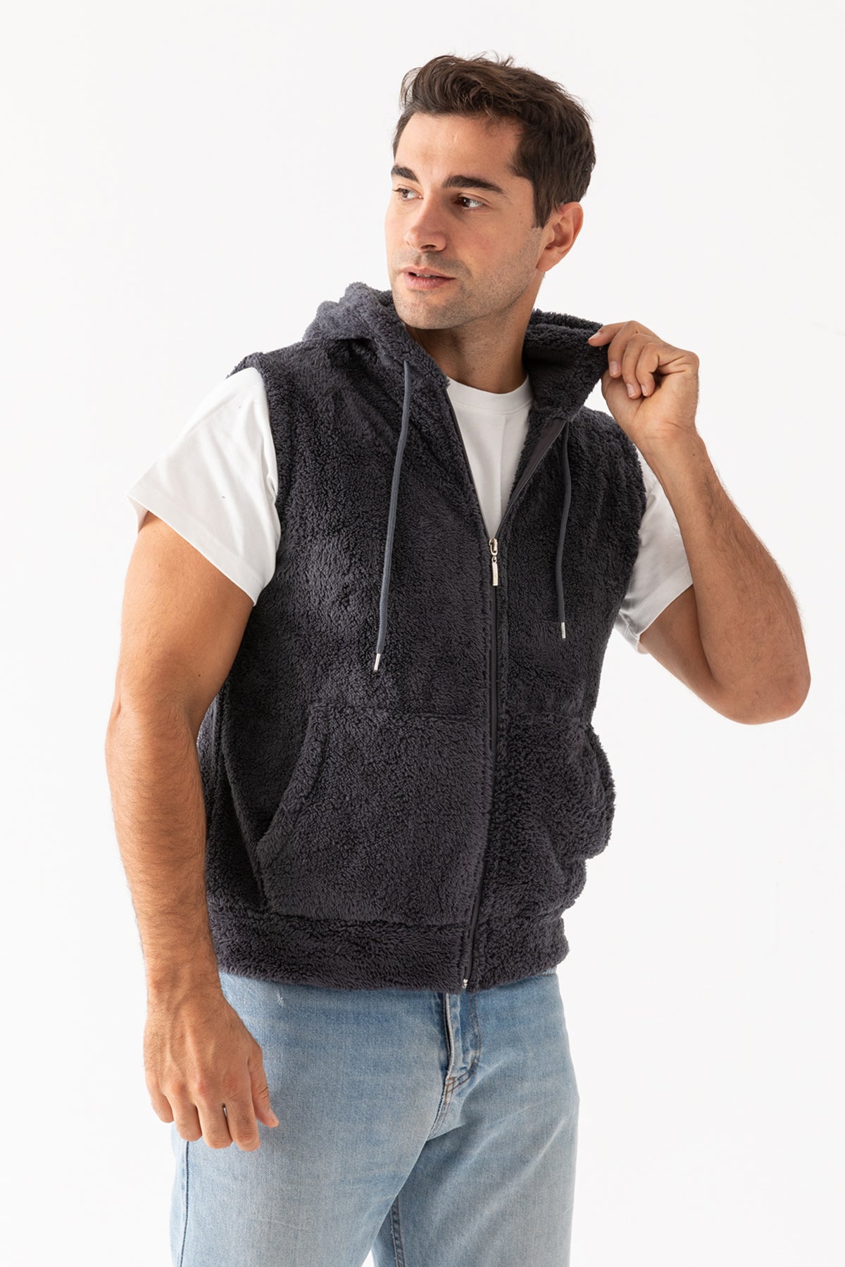 Erkek Füme Dik Yaka Kolsuz Astarsız Fermuarlı Kapüşonlu Peluş Yelek