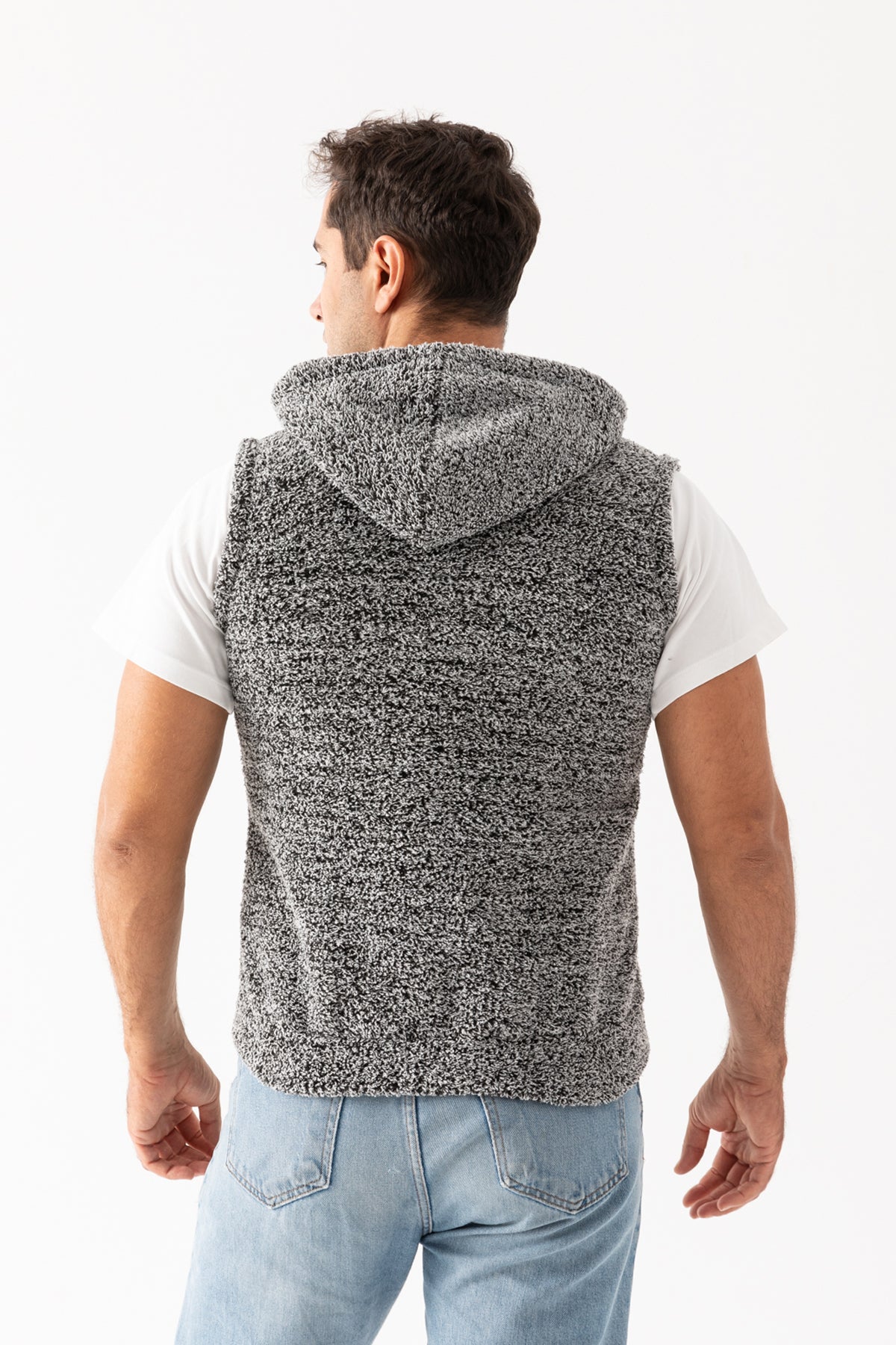 Erkek Gri Dik Yaka Kolsuz Astarsız Fermuarlı Kapüşonlu Peluş Yelek