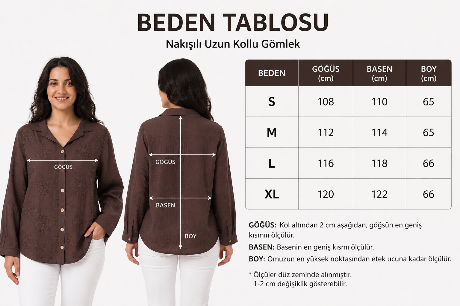 %100 Organik Pamuk Kadın Önü Nakış Detaylı Uzun Kollu Gömlek