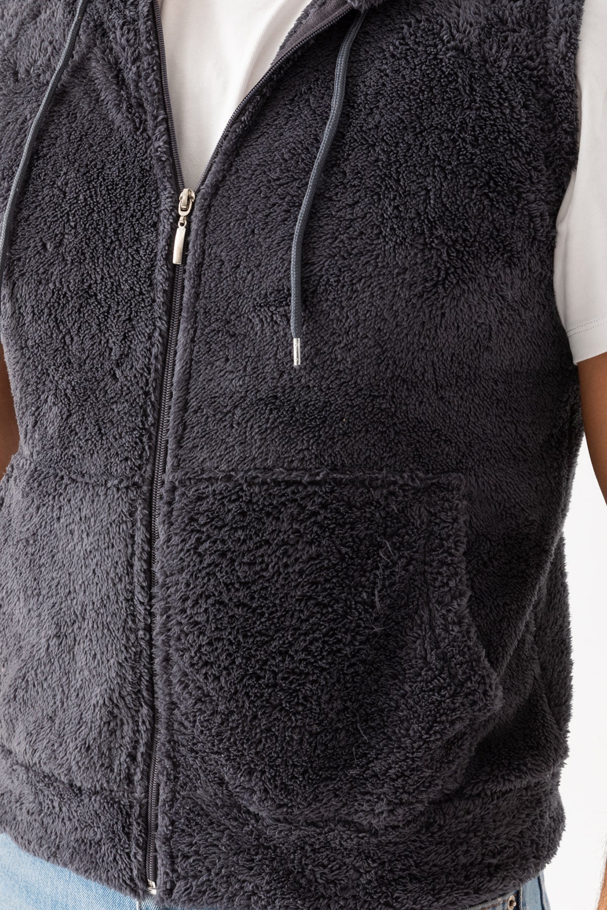 Erkek Füme Dik Yaka Kolsuz Astarsız Fermuarlı Kapüşonlu Peluş Yelek