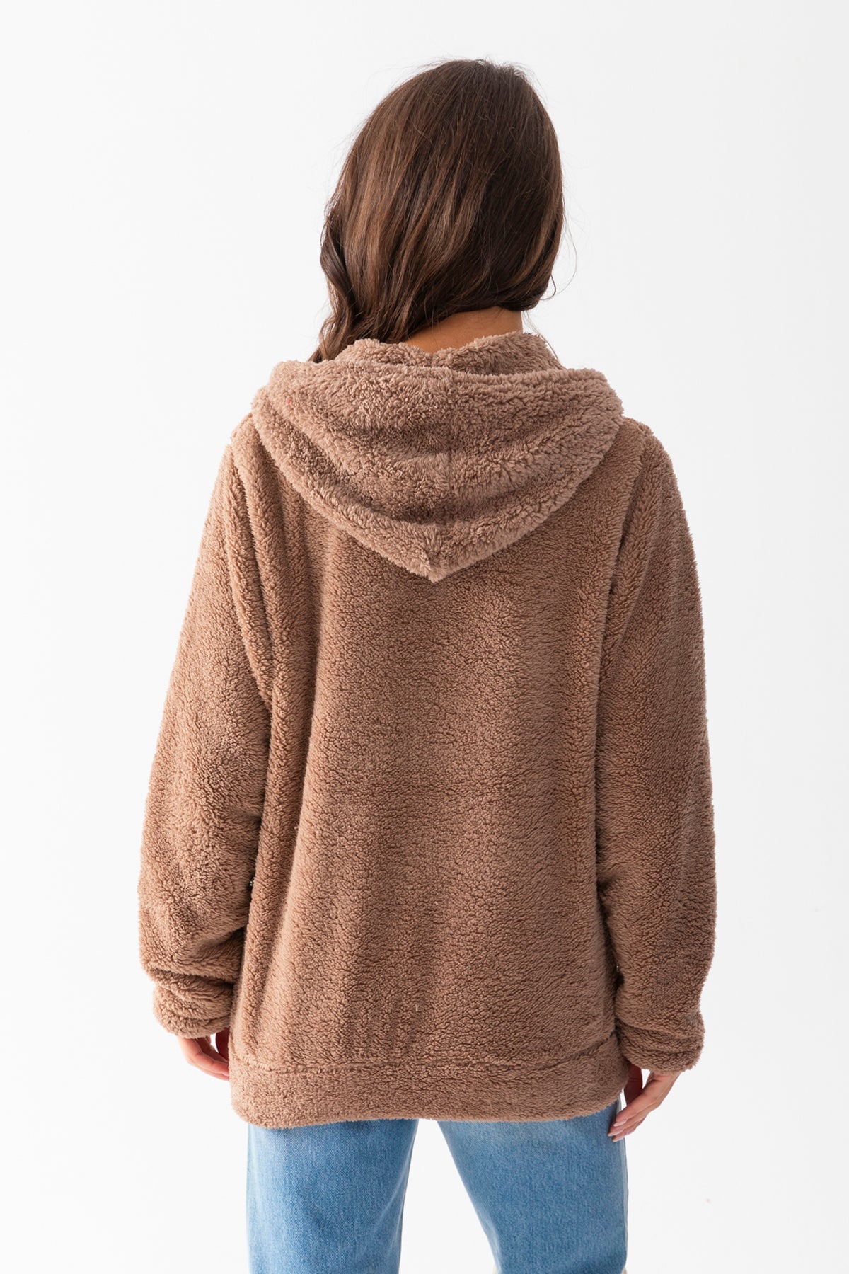 Kadın Vizon Uzun Kollu Kopüşonlu Astarsız Peluş Ceket