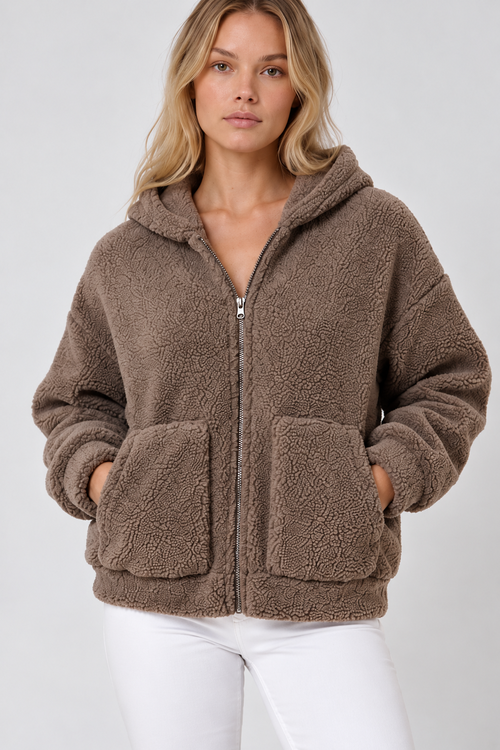 Kadın Kapüşonlu Fermuarlı Polar Bomber Ceket