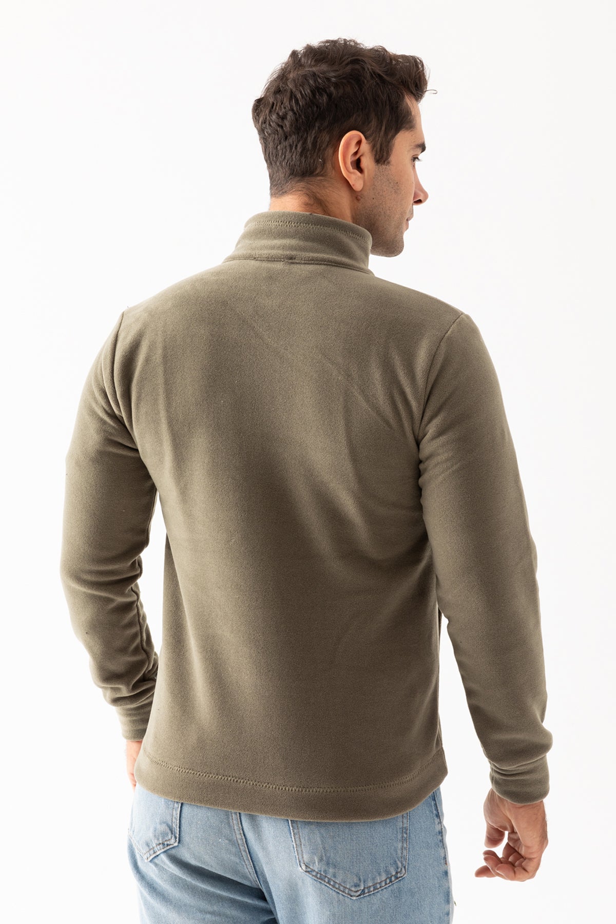 Erkek Açık Yeşil Bej Dik Yaka Fermuar Kapamalı Astarsız Polar Ceket