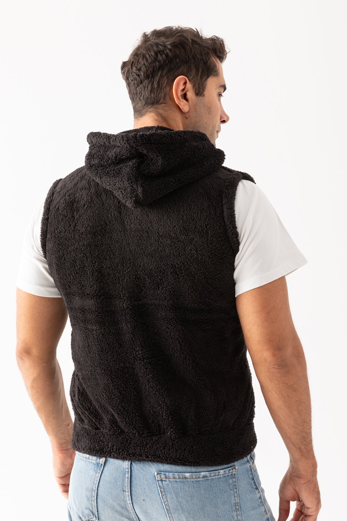 Erkek Siyah Dik Yaka Kolsuz Astarsız Fermuarlı Kapüşonlu Peluş Yelek