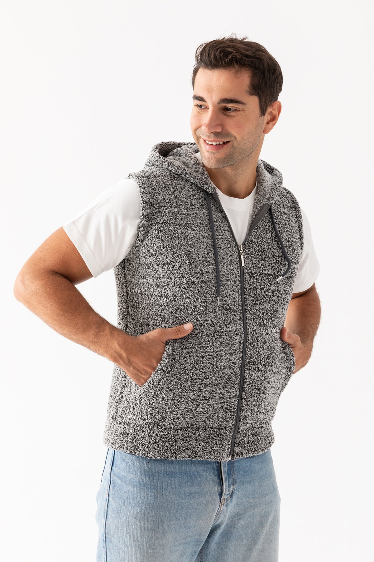 Erkek Gri Dik Yaka Kolsuz Astarsız Fermuarlı Kapüşonlu Peluş Yelek