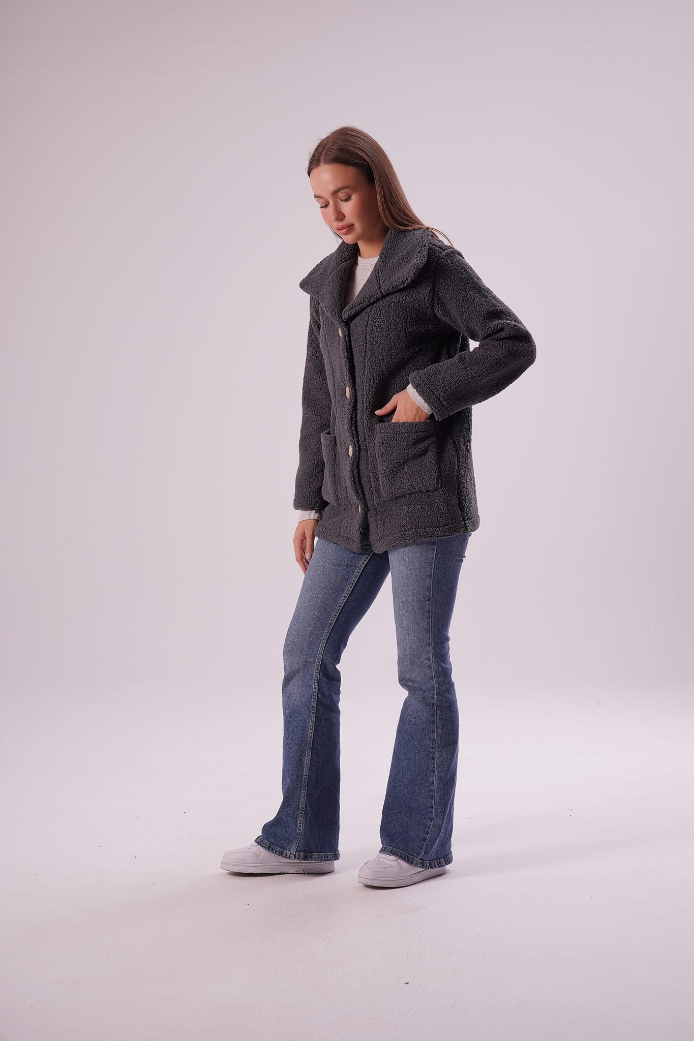 Kadın Füme Düğmeli Suni Kuzu Kürklü Hırka