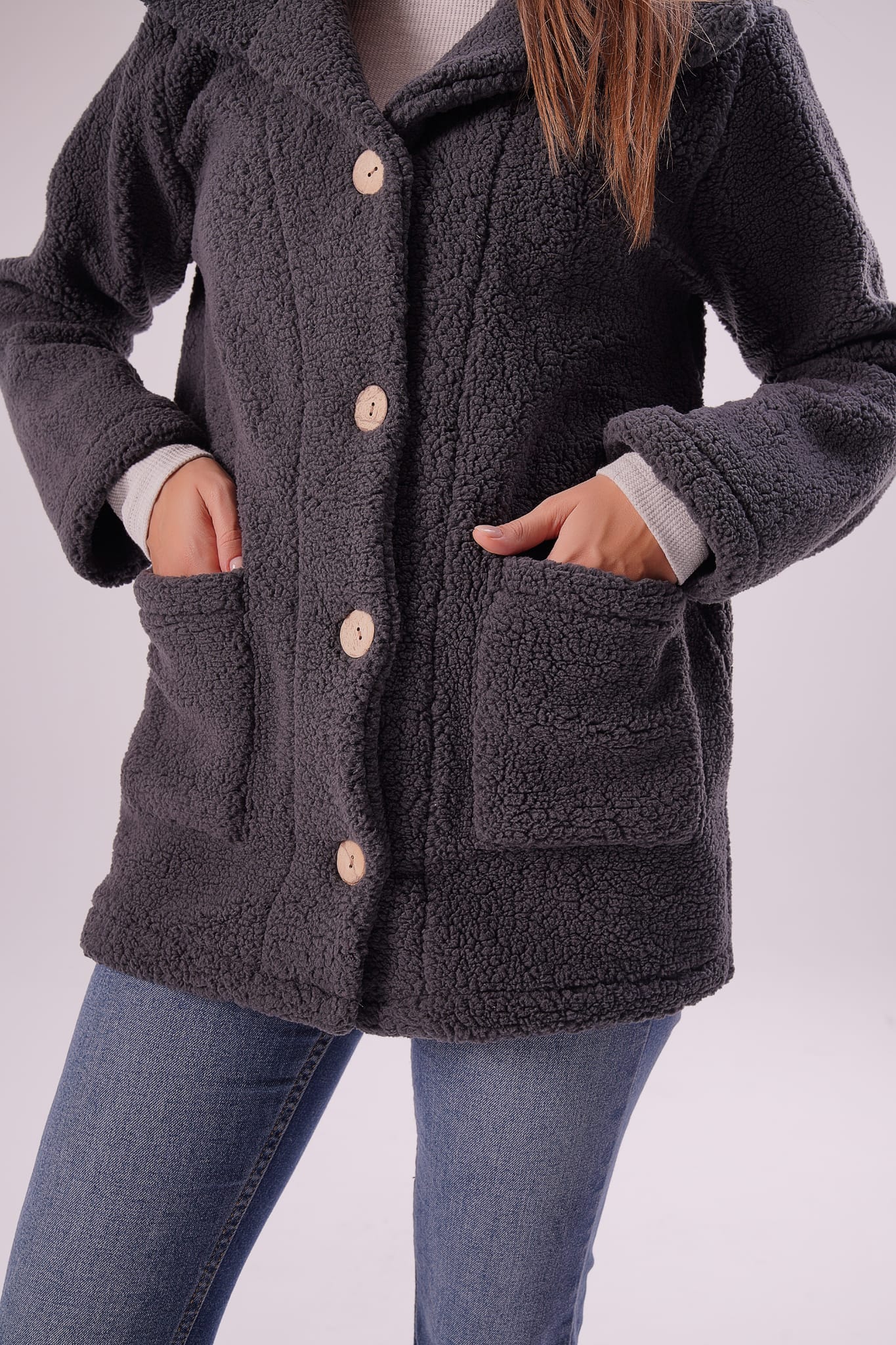 Kadın Füme Düğmeli Suni Kuzu Kürklü Hırka