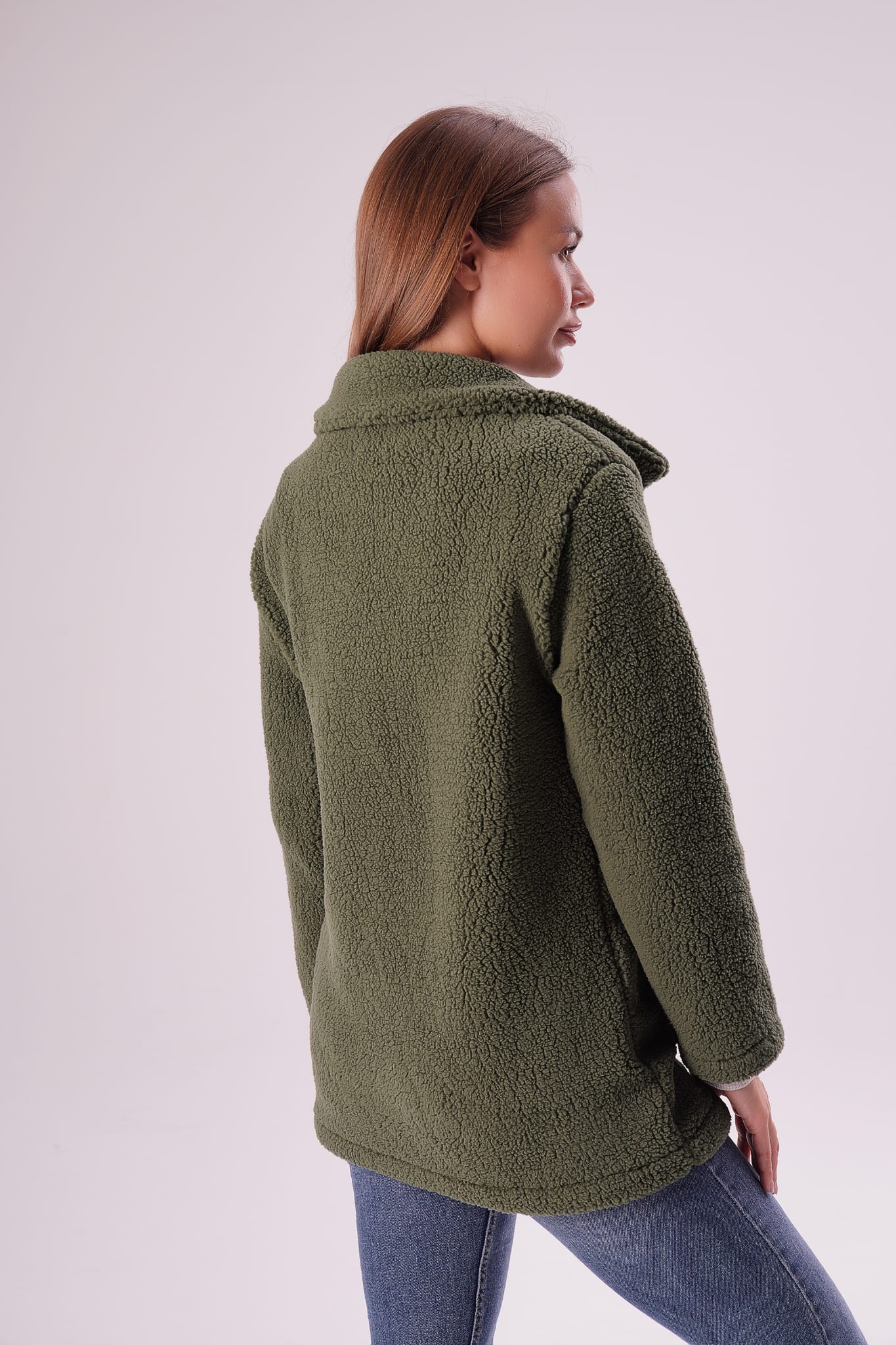 Kadın Haki Düğmeli Suni Kuzu Kürklü Hırka