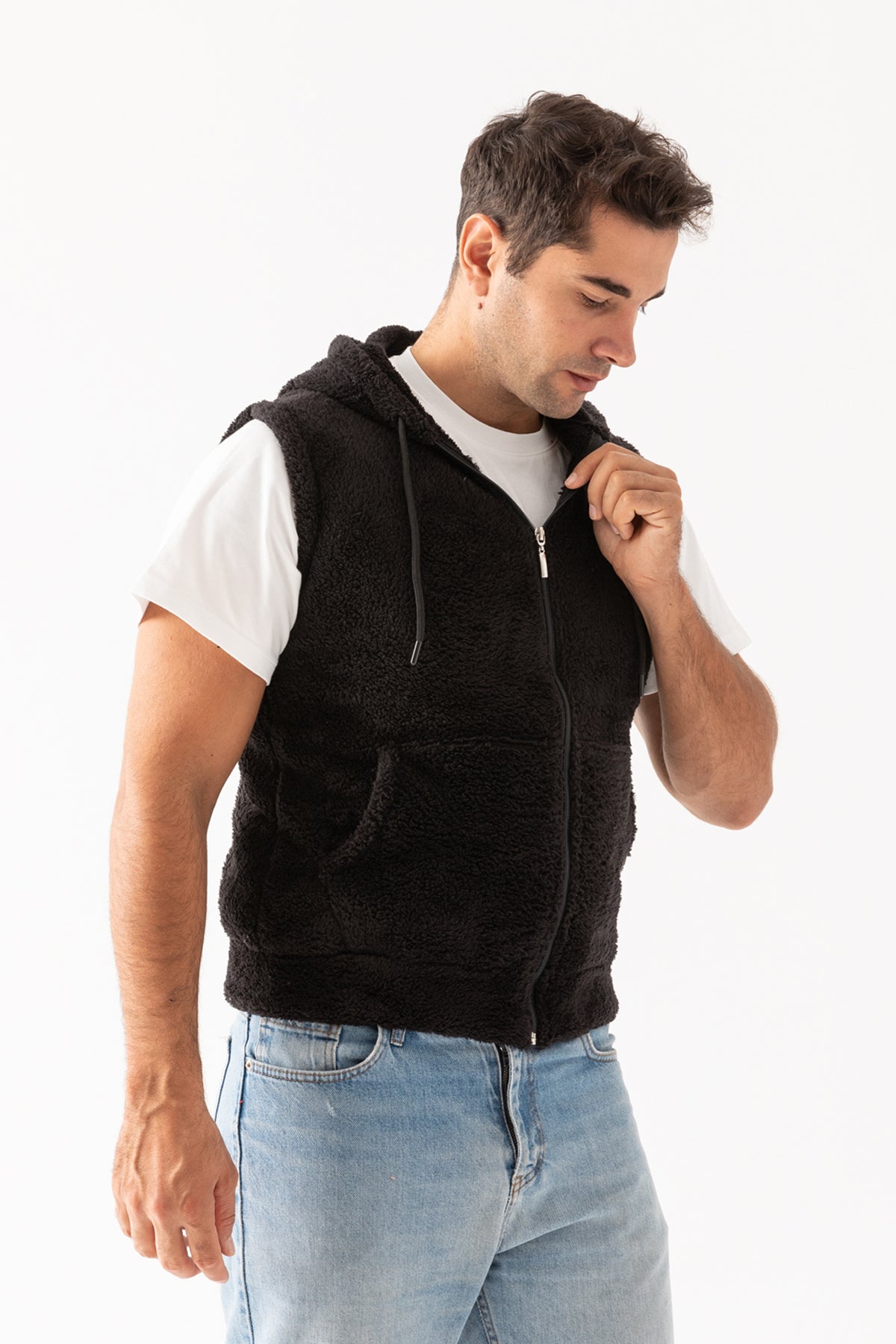Erkek Siyah Dik Yaka Kolsuz Astarsız Fermuarlı Kapüşonlu Peluş Yelek