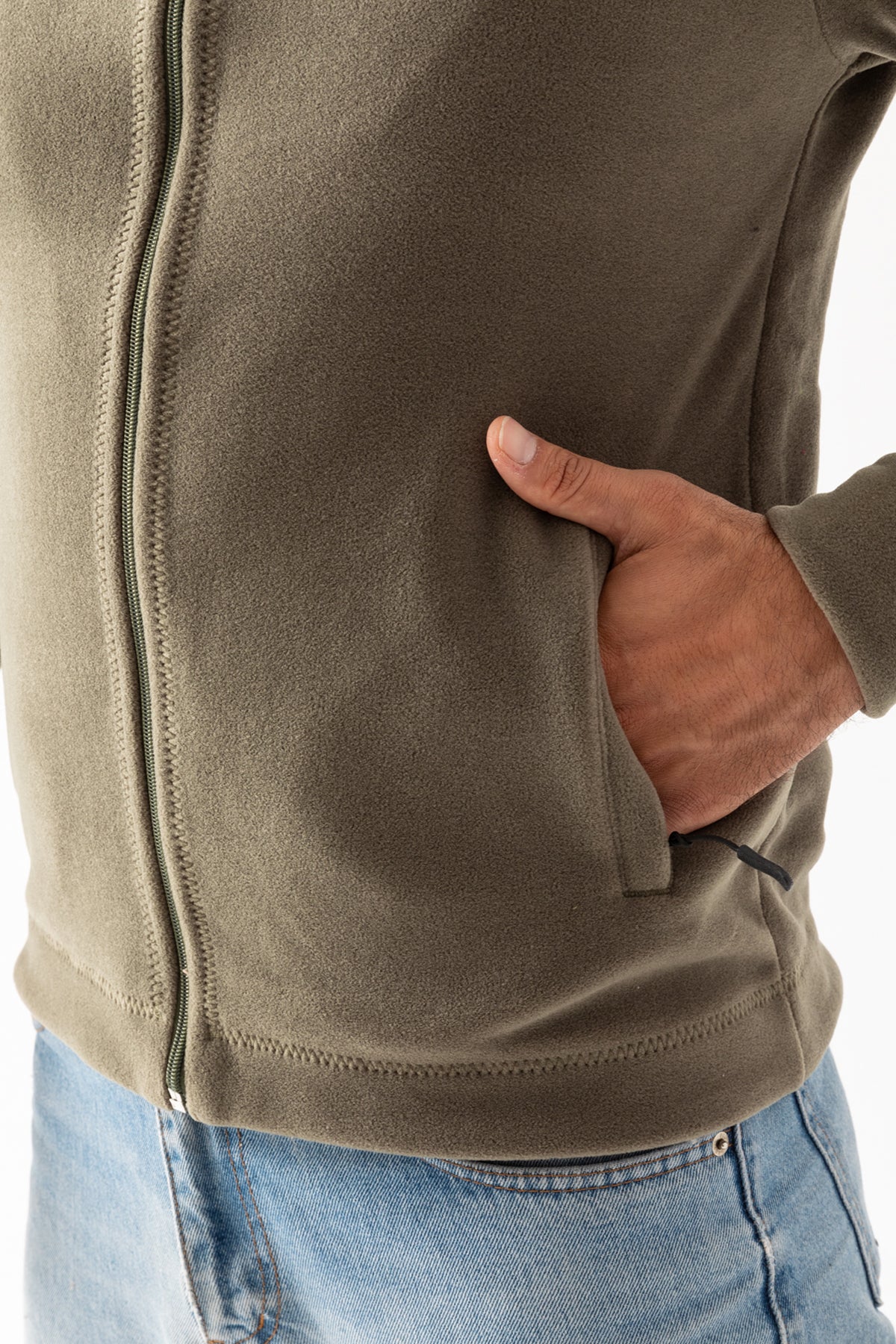 Erkek Açık Yeşil Bej Dik Yaka Fermuar Kapamalı Astarsız Polar Ceket