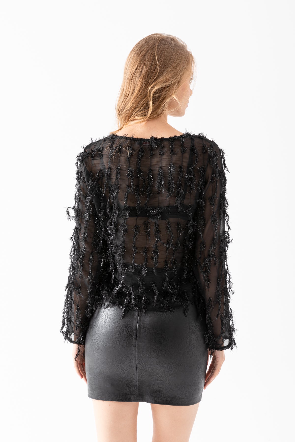 Kadın Siyah Sim Saçaklı Transparan Bluz