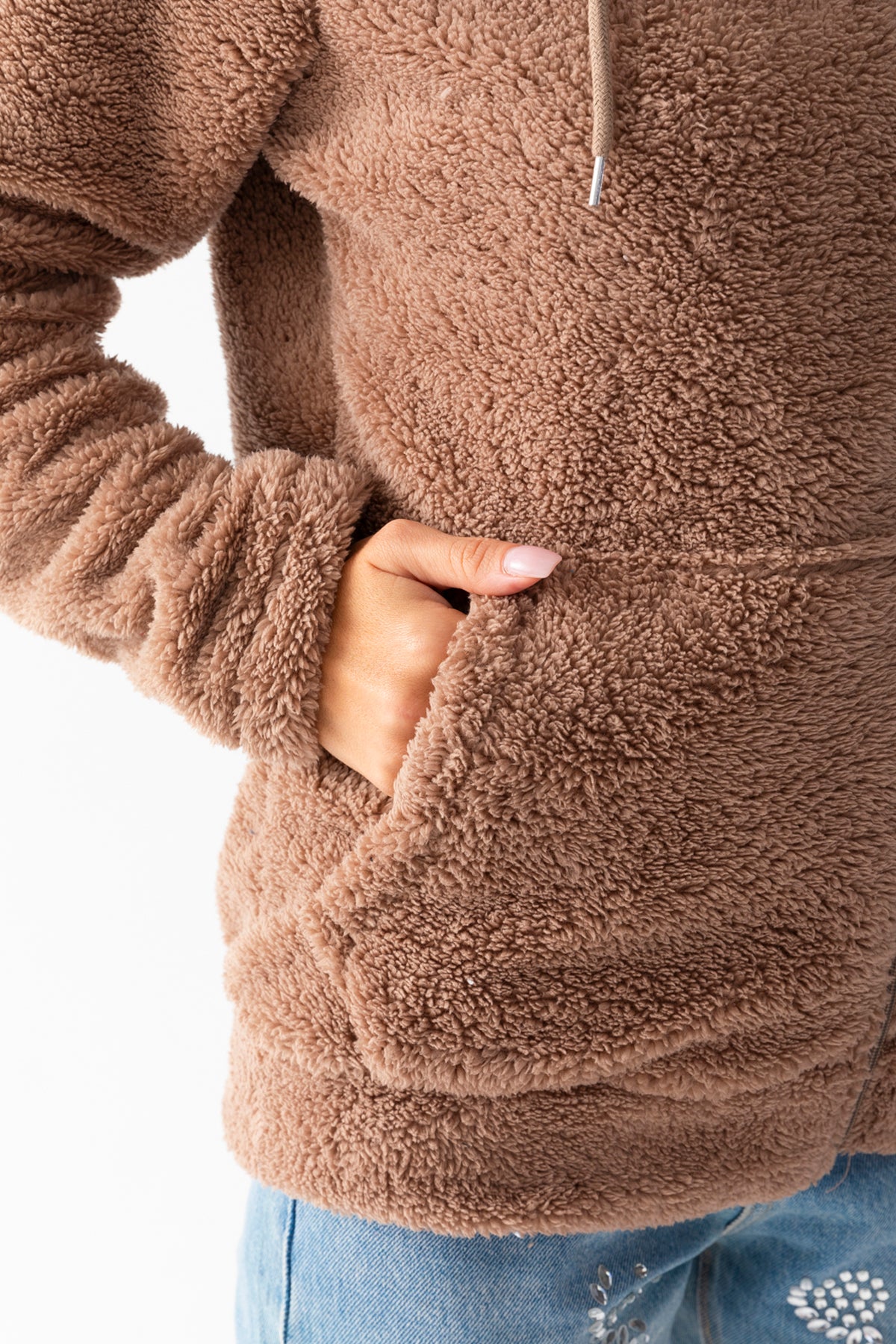 Kadın Vizon Uzun Kollu Kopüşonlu Astarsız Peluş Ceket