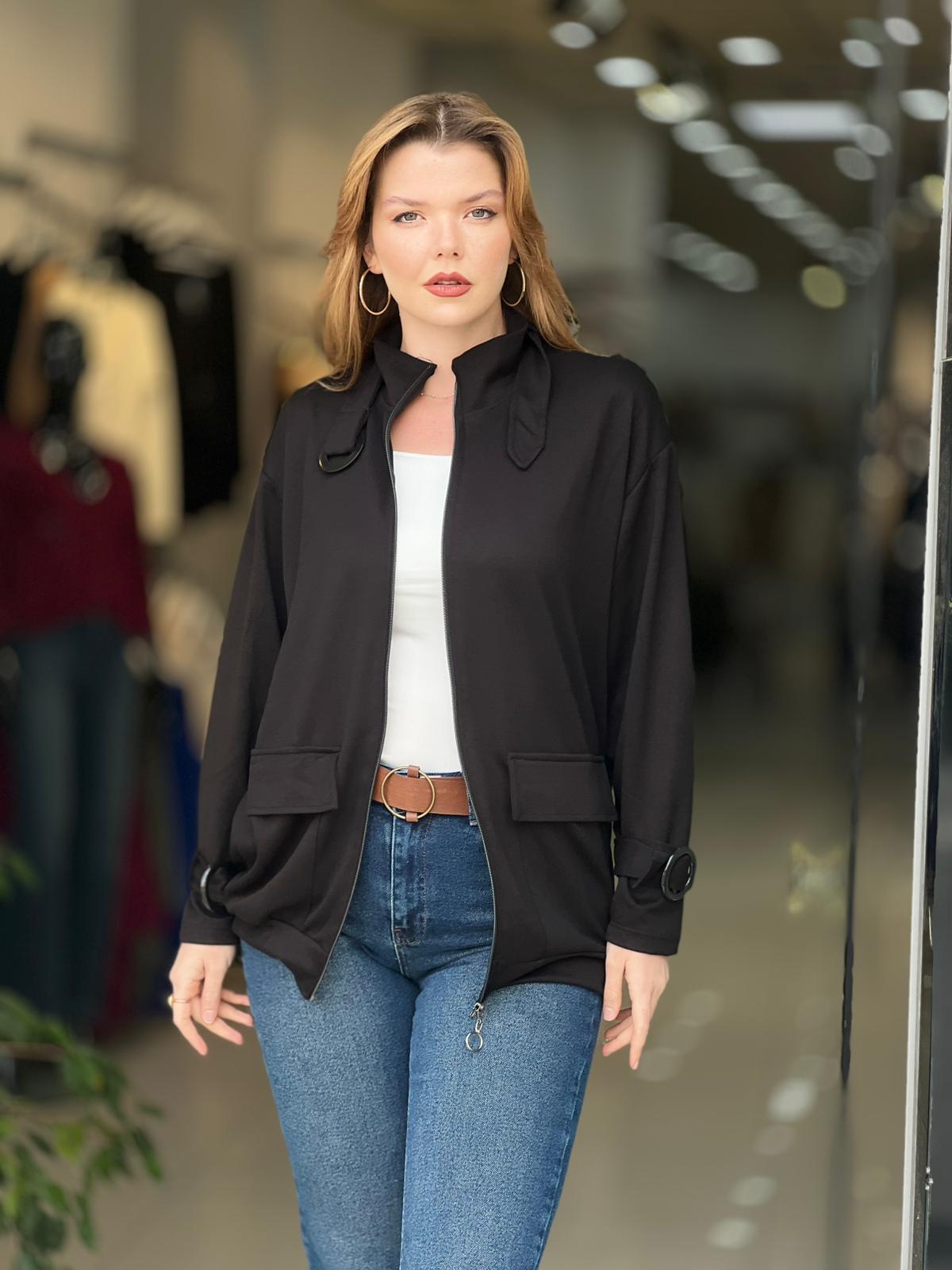 Kadın Siyah Toka Detaylı Cepli Modal Ceket