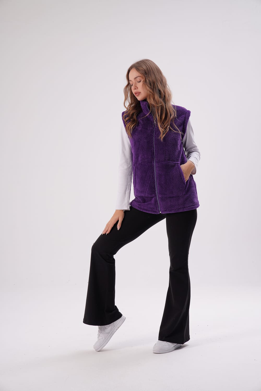 Kadın Mor Dik Yaka Peluş Yelek