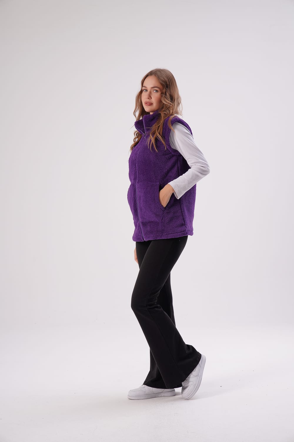 Kadın Mor Dik Yaka Peluş Yelek
