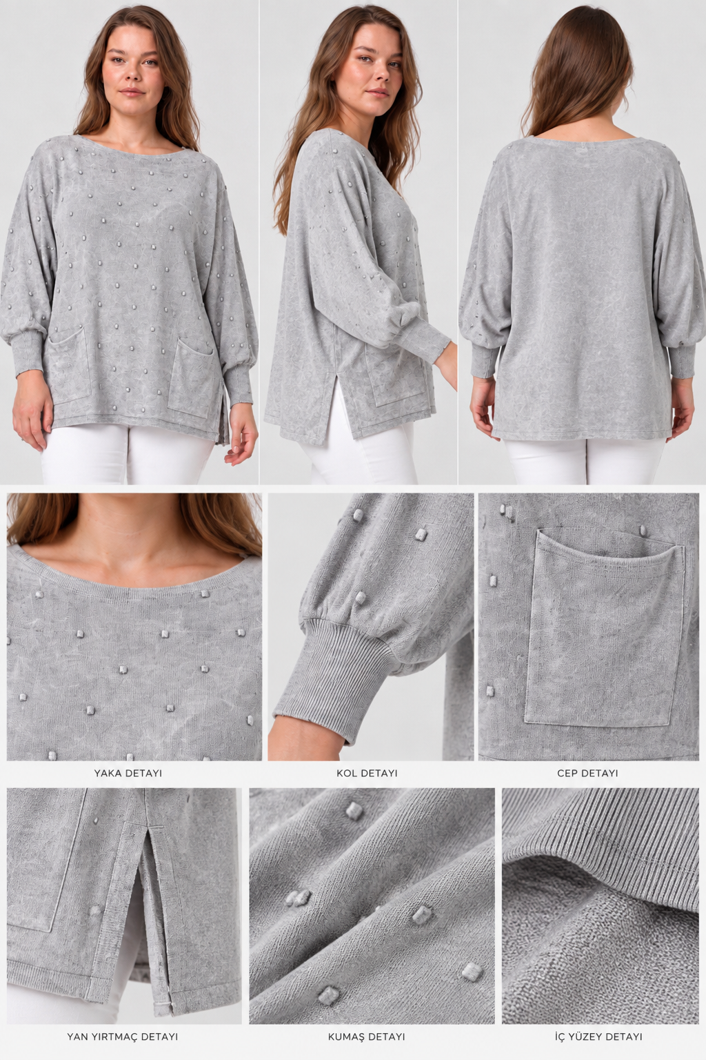 Kadın İtalyan Stil Yarasa Kol Yanı Yırtmaçlı Cep Detaylı Oversize Triko Bluz