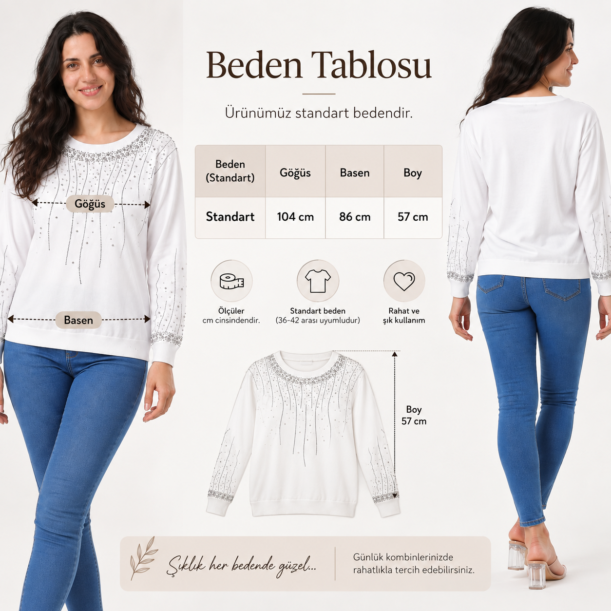 Kadın Önü Ve Kolları Taş Baskılı Uzun Kollu Triko Bluz