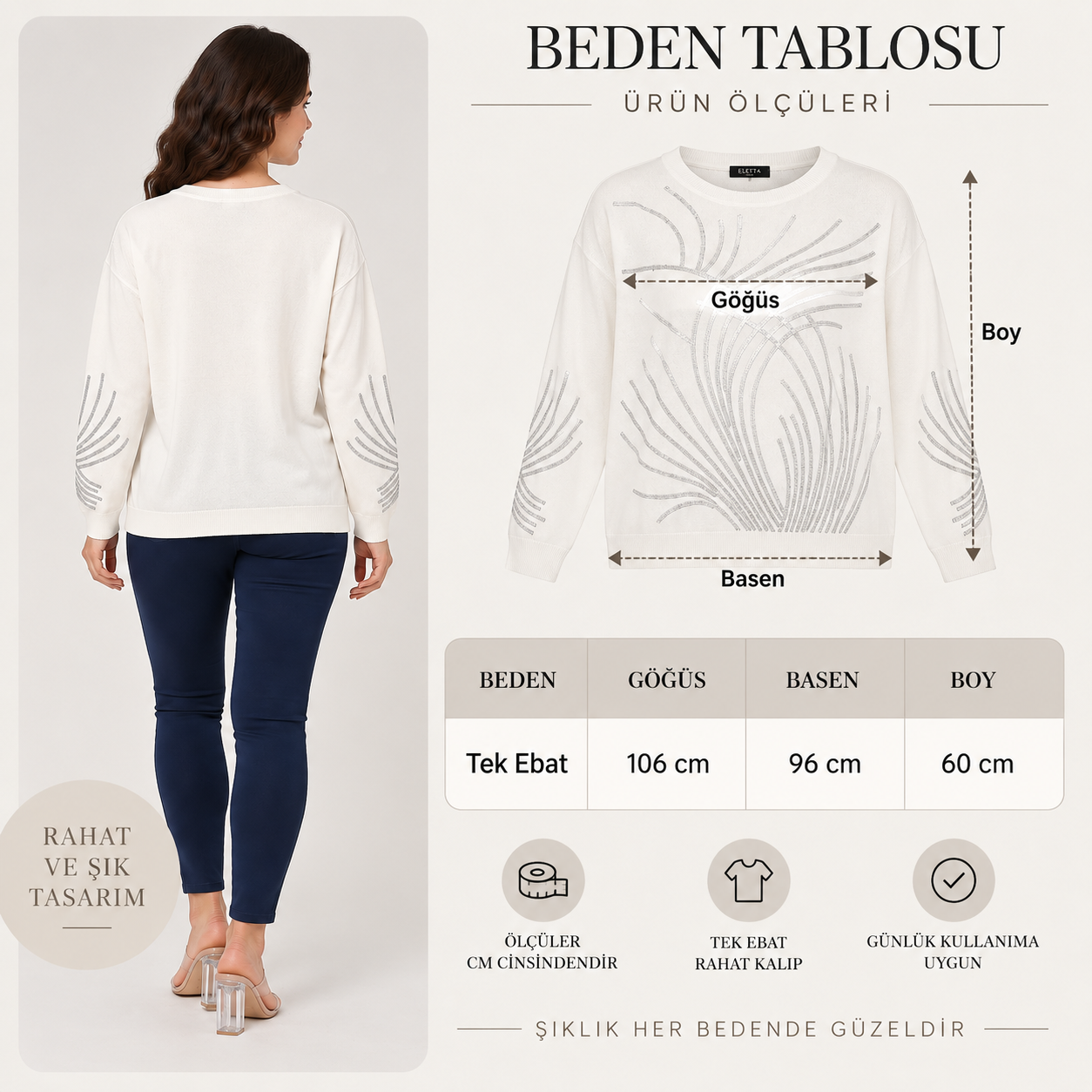 Kadın Önü Ve Kolları Taş Baskılı Uzun Kollu Triko Bluz