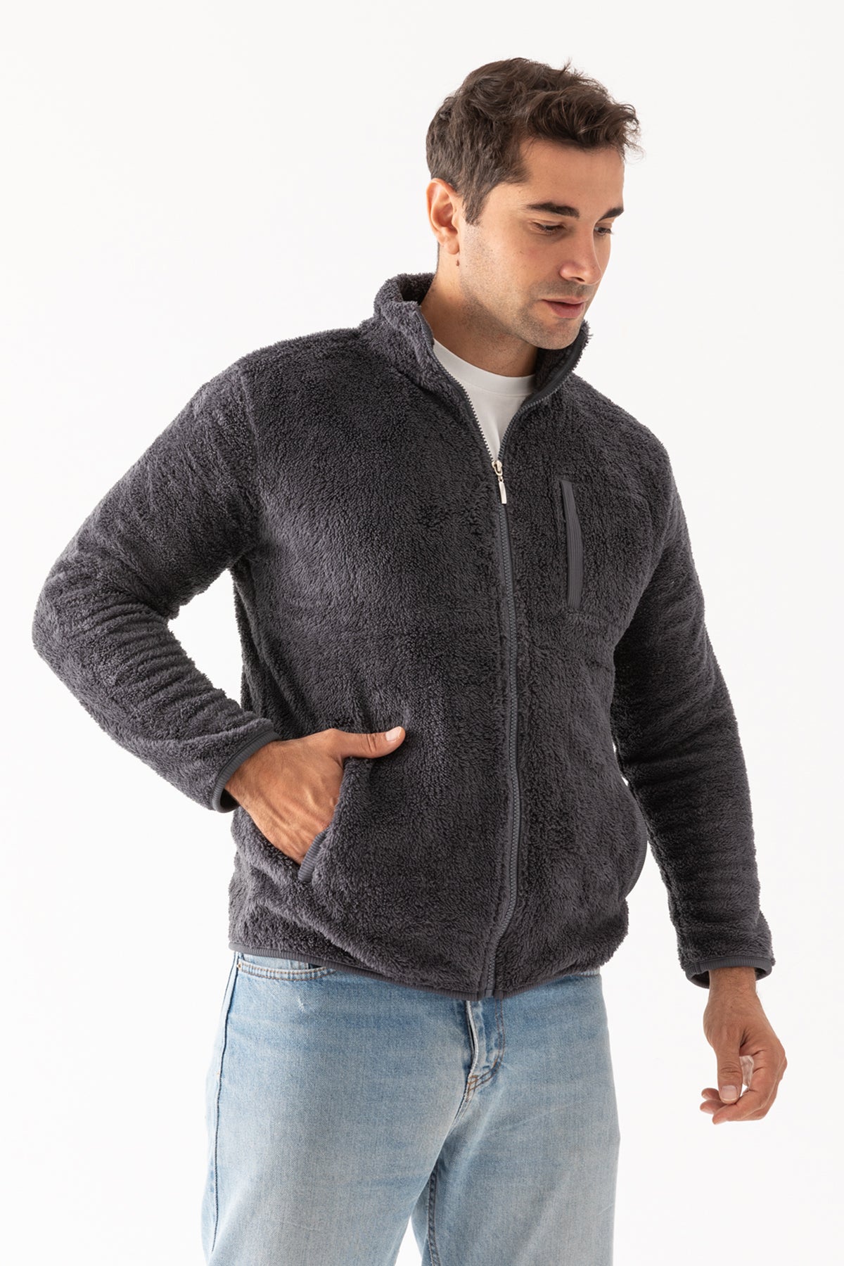 Erkek Füme Dik Yaka Fermuar Kapamalı Peluş Ceket