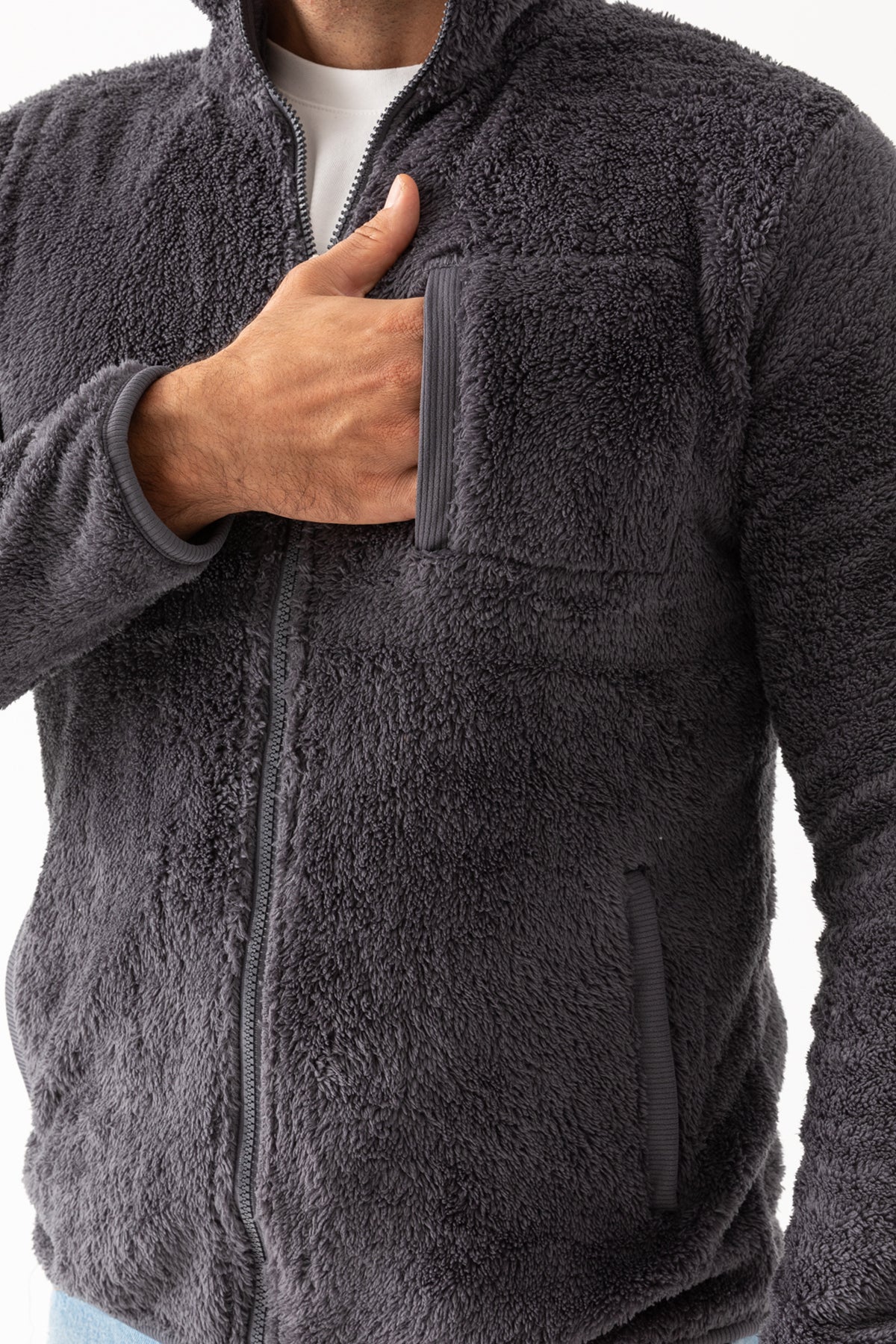 Erkek Füme Dik Yaka Fermuar Kapamalı Peluş Ceket