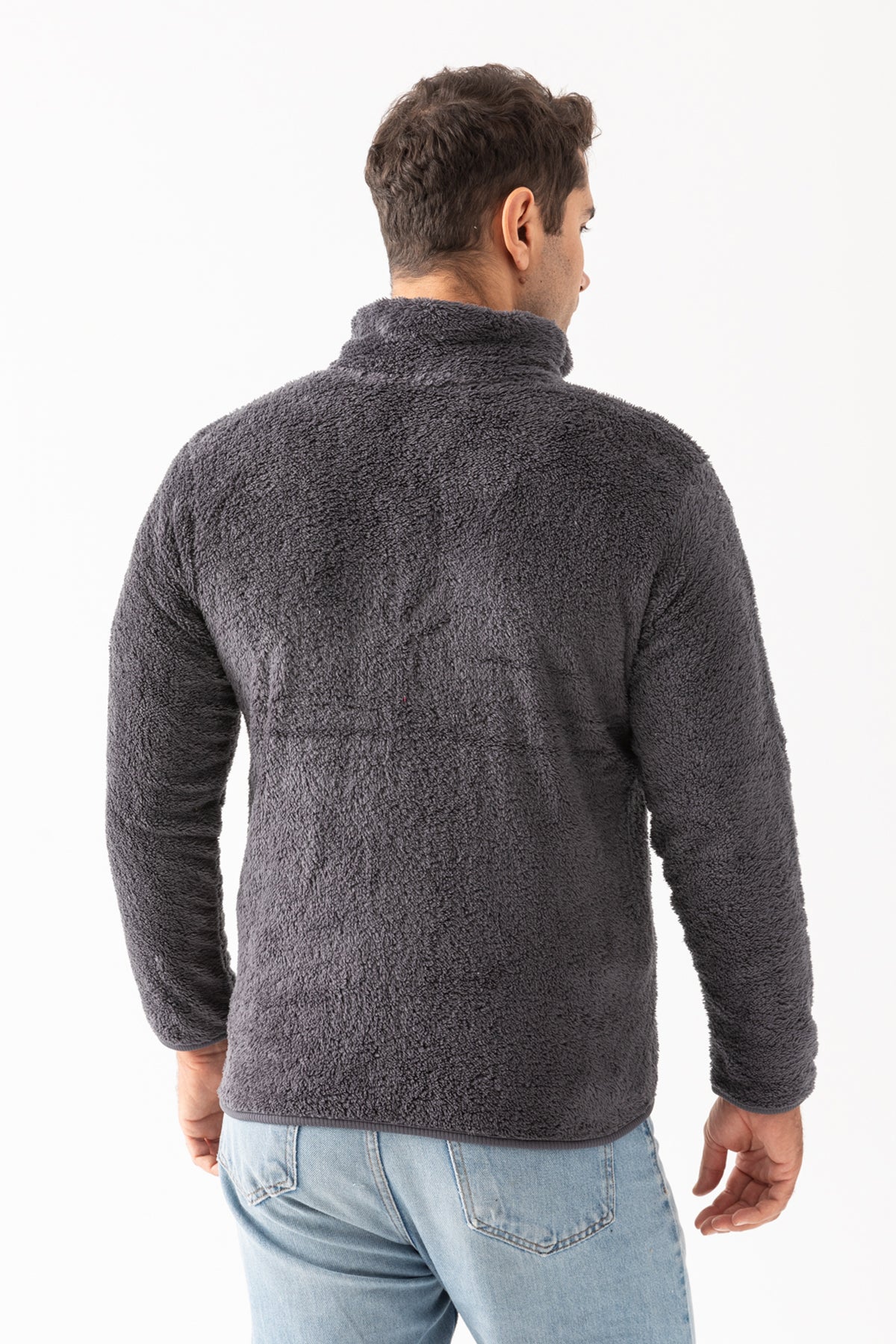 Erkek Füme Dik Yaka Fermuar Kapamalı Peluş Ceket