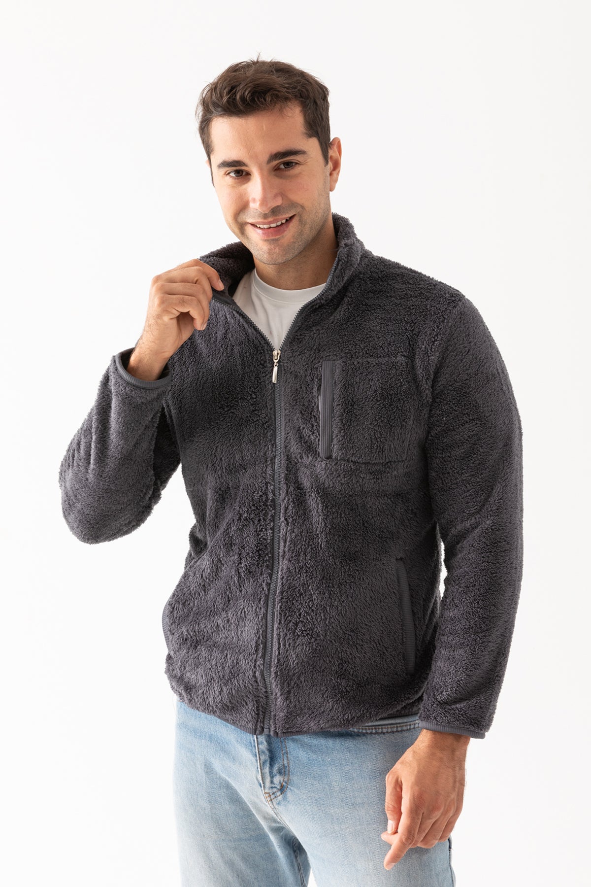 Erkek Füme Dik Yaka Fermuar Kapamalı Peluş Ceket