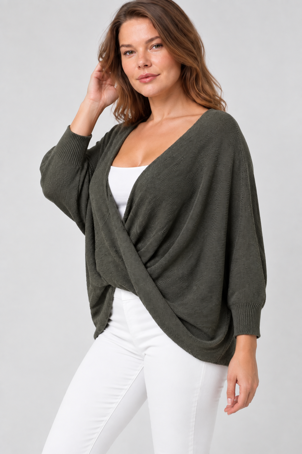 Kadın İtalyan Stil Yarasa Kol Sonsuz Yaka Oversize Merserize Triko Bluz