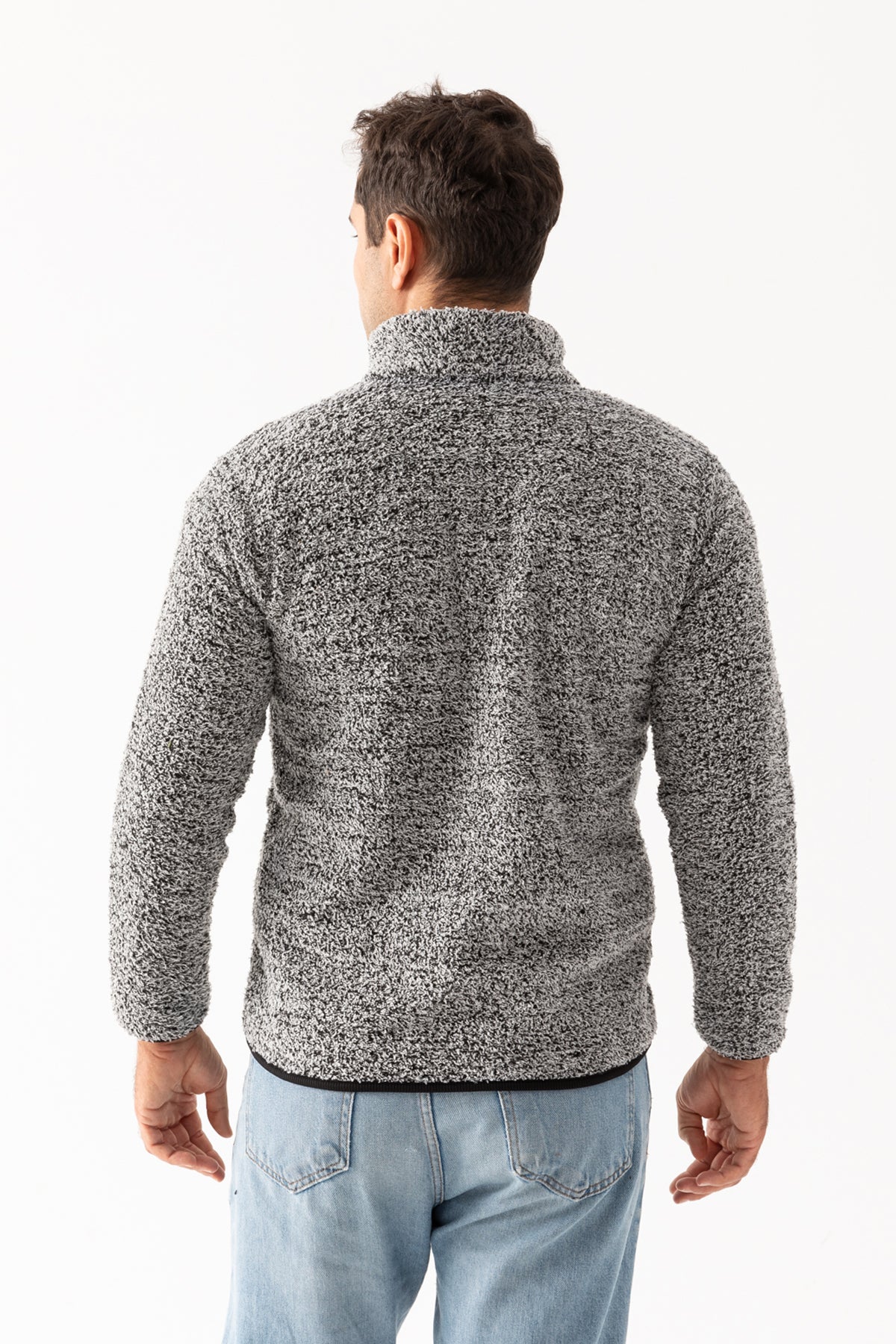 Erkek Gri Dik Yaka Fermuar Kapamalı Peluş Ceket