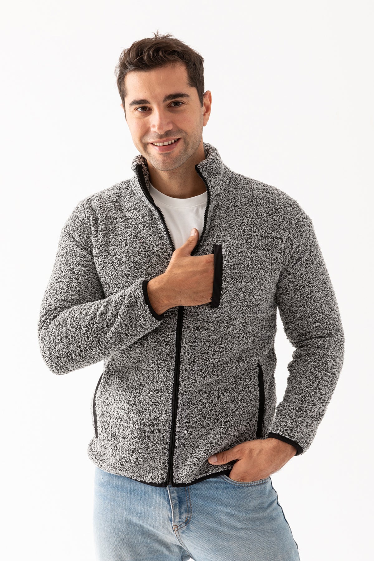 Erkek Gri Dik Yaka Fermuar Kapamalı Peluş Ceket