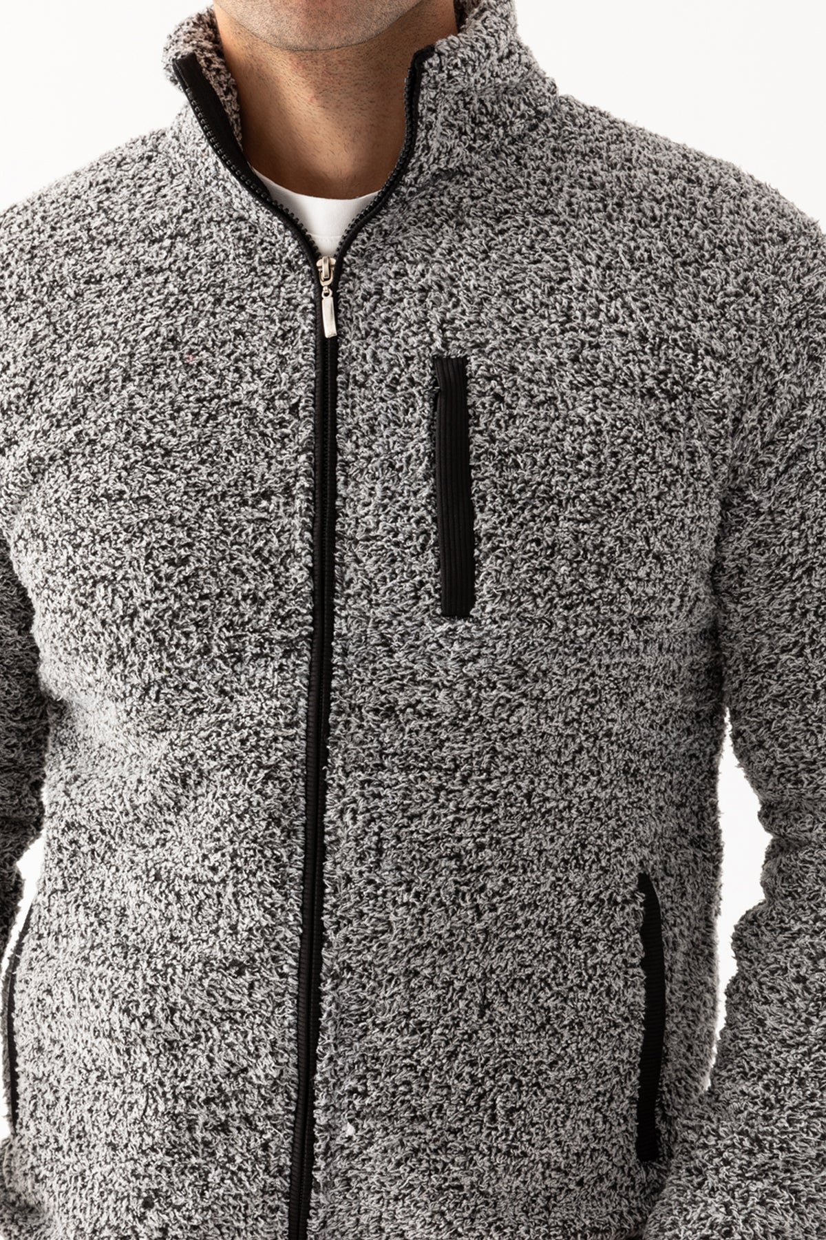 Erkek Gri Dik Yaka Fermuar Kapamalı Peluş Ceket