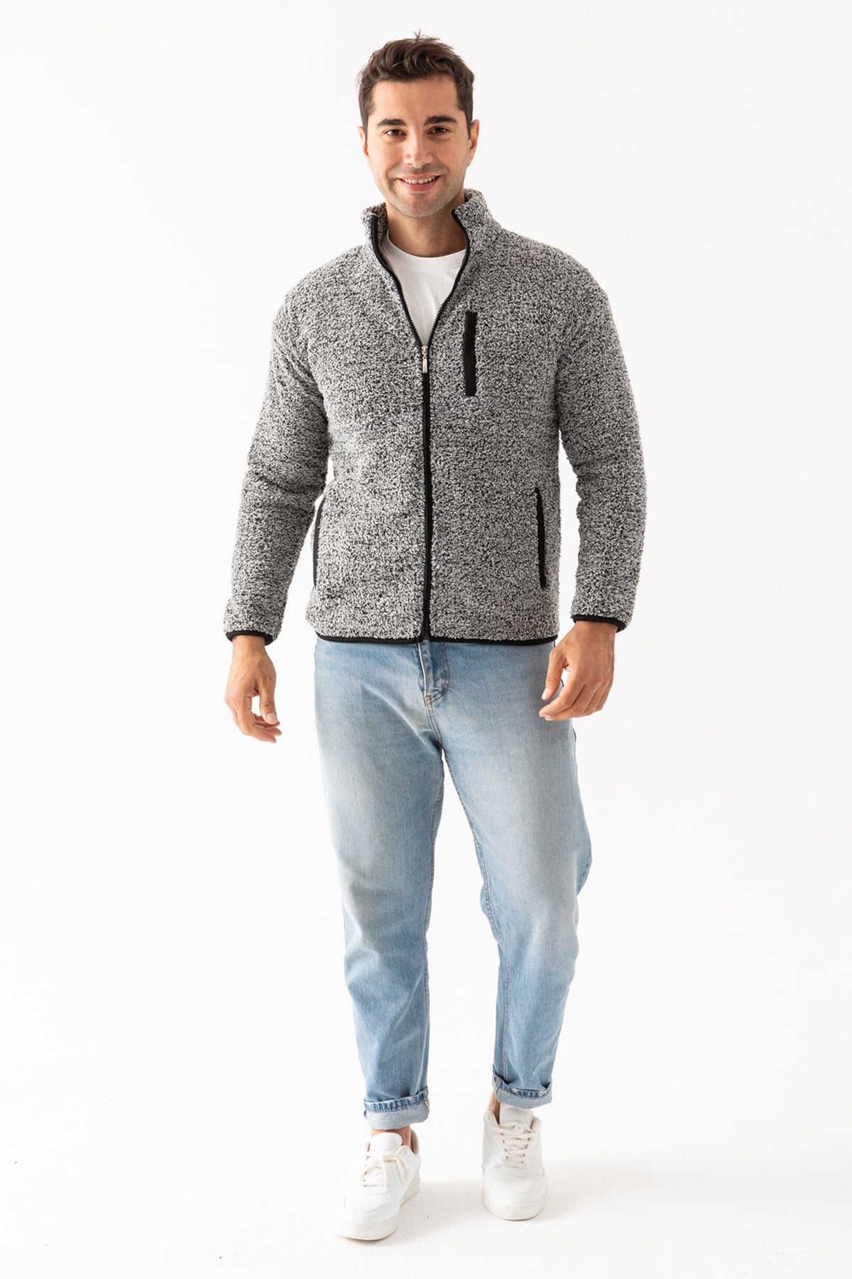 Erkek Gri Dik Yaka Fermuar Kapamalı Peluş Ceket