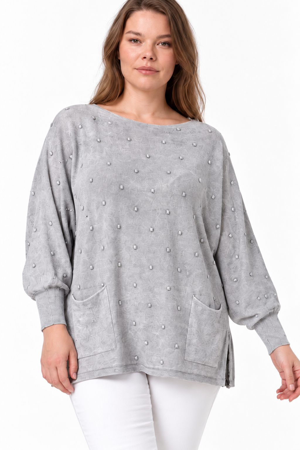 Kadın İtalyan Stil Yarasa Kol Yanı Yırtmaçlı Cep Detaylı Oversize Triko Bluz