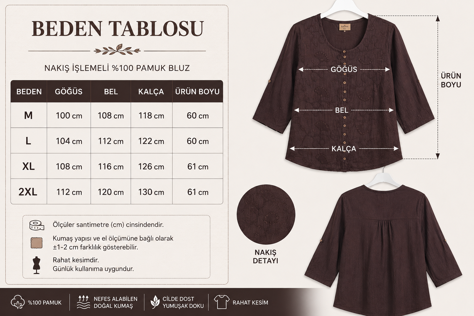%100 Organik Pamuk Kadın Önü Nakışlı Düğme Detaylı Otantik Bluz