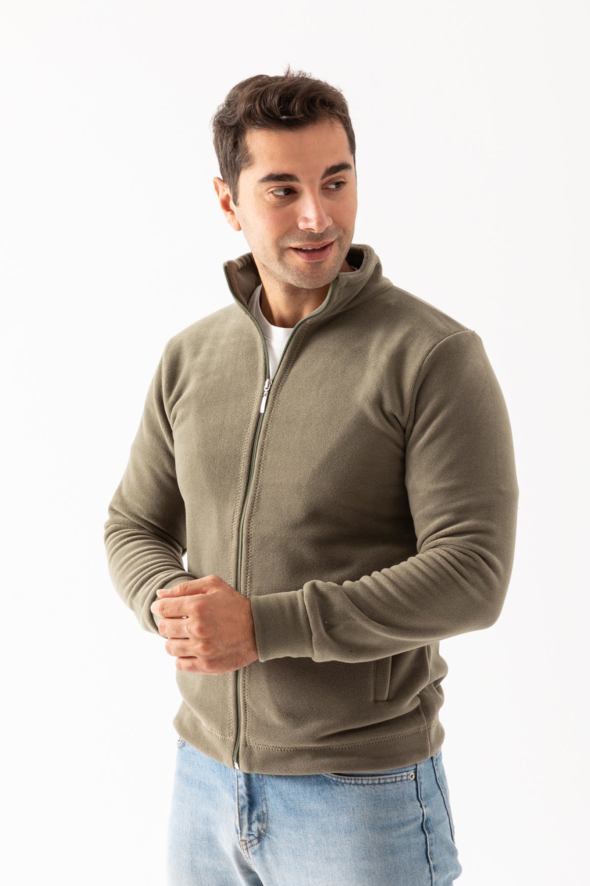 Erkek Açık Yeşil Bej Dik Yaka Fermuar Kapamalı Astarsız Polar Ceket