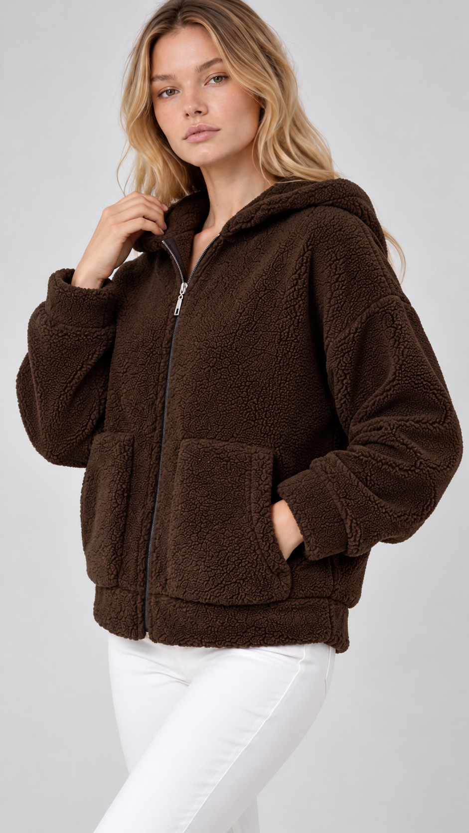 Kadın Kapüşonlu Fermuarlı Polar Bomber Ceket