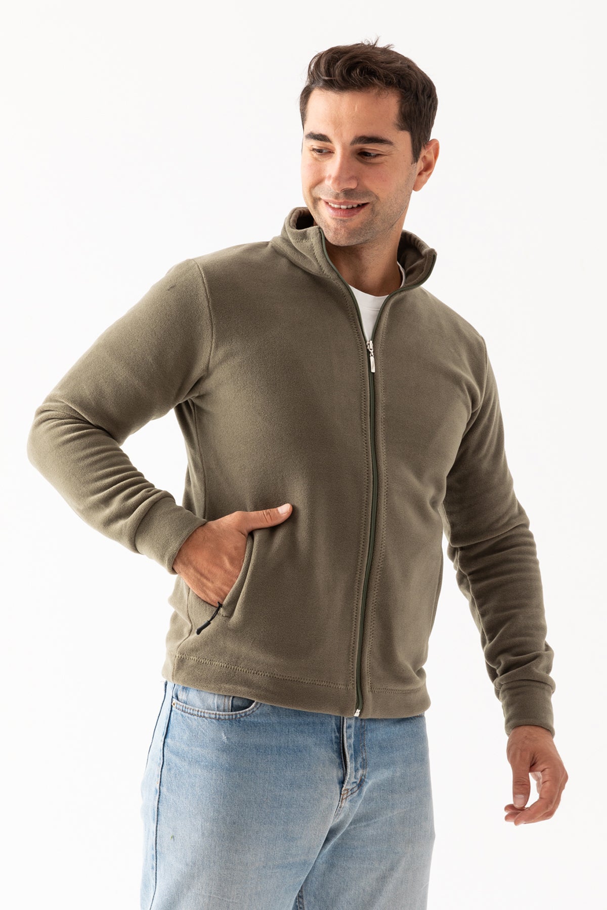 Erkek Açık Yeşil Bej Dik Yaka Fermuar Kapamalı Astarsız Polar Ceket