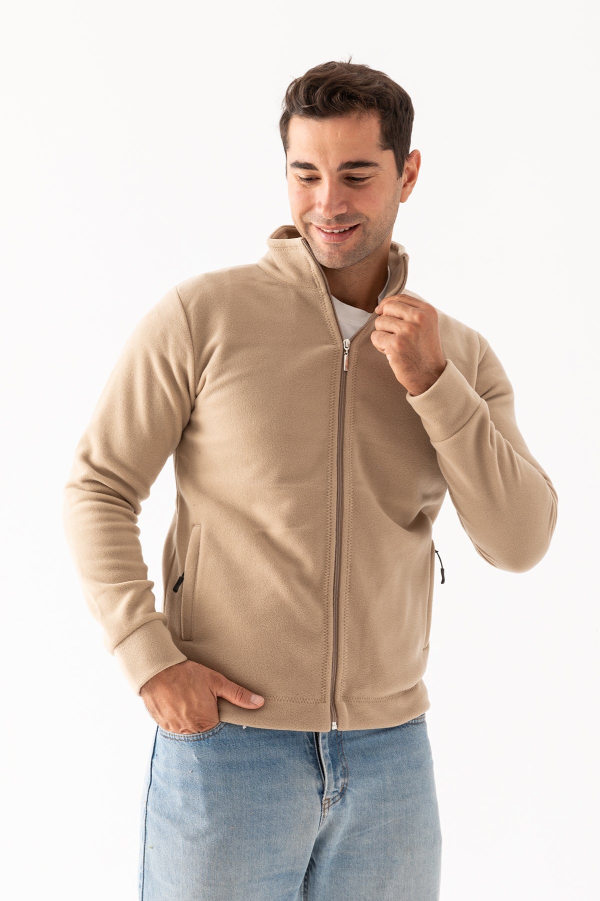 Erkek Koyu Bej Dik Yaka Fermuar Kapamalı Astarsız Polar Ceket