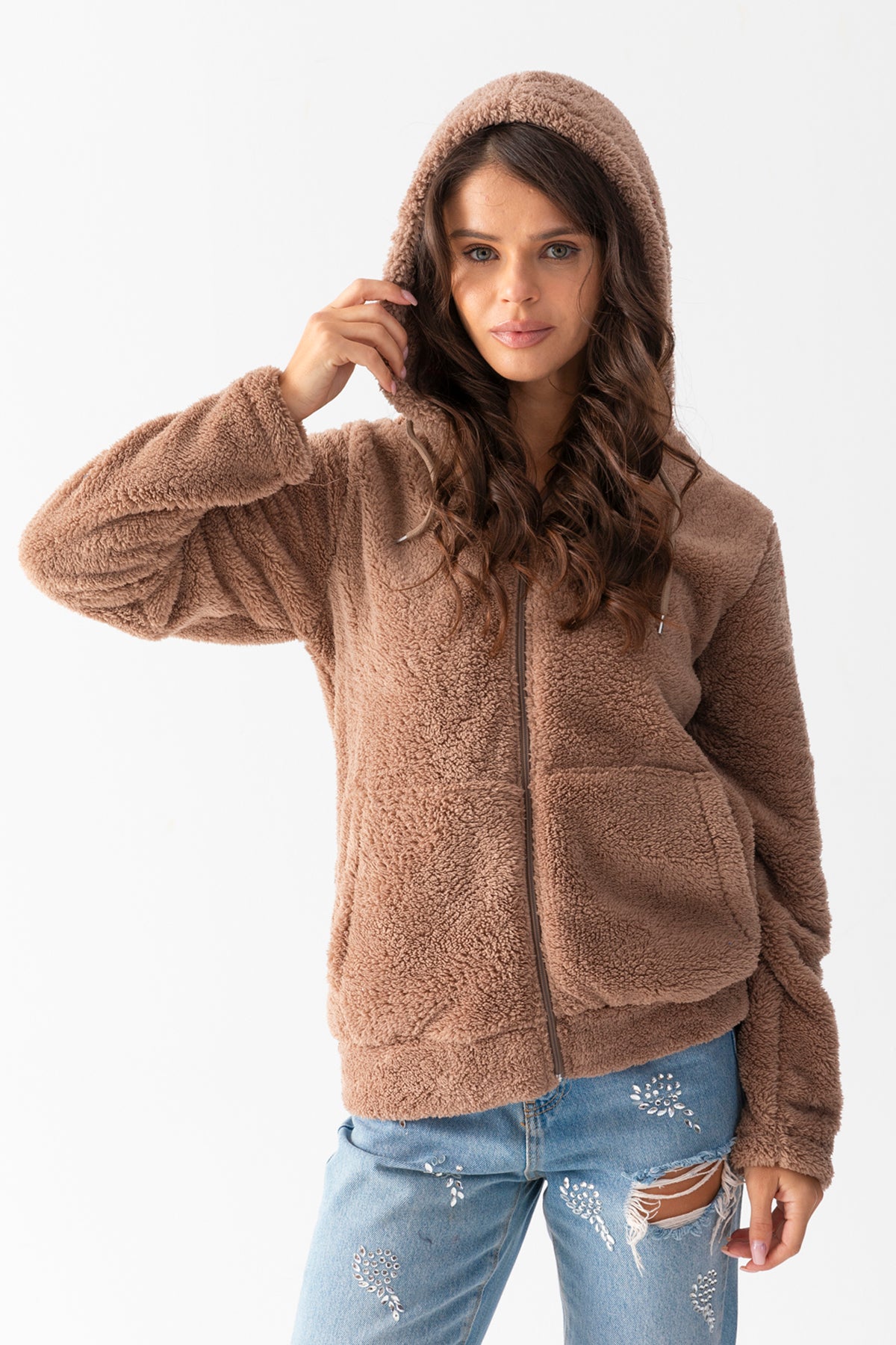 Kadın Vizon Uzun Kollu Kopüşonlu Astarsız Peluş Ceket