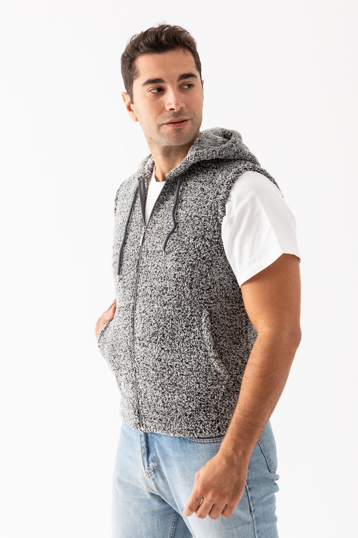 Erkek Gri Dik Yaka Kolsuz Astarsız Fermuarlı Kapüşonlu Peluş Yelek